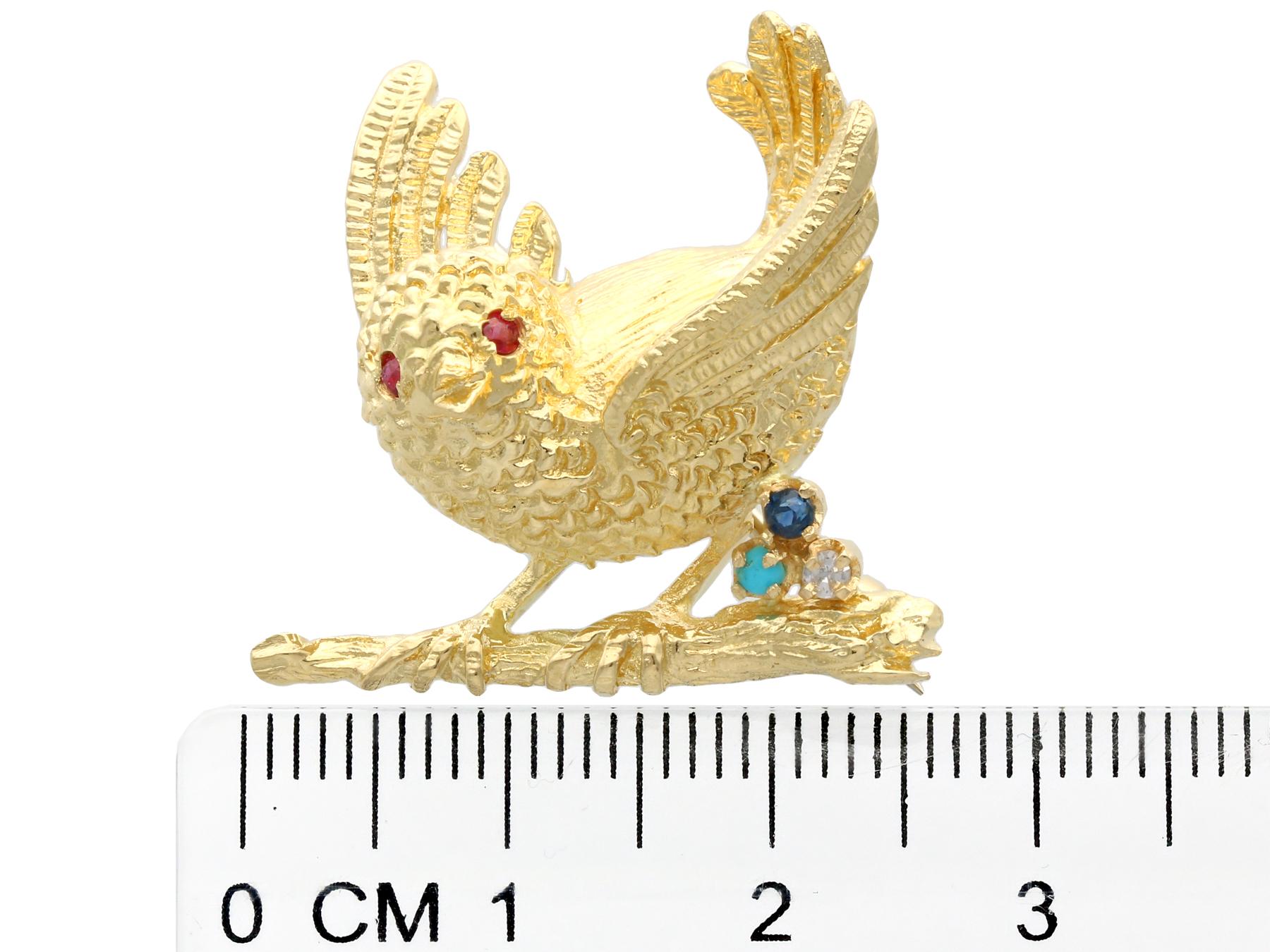 English Ruby Sapphire Turquoise Diamond Yellow Gold Bird Brooch, 1971 For Sale 1