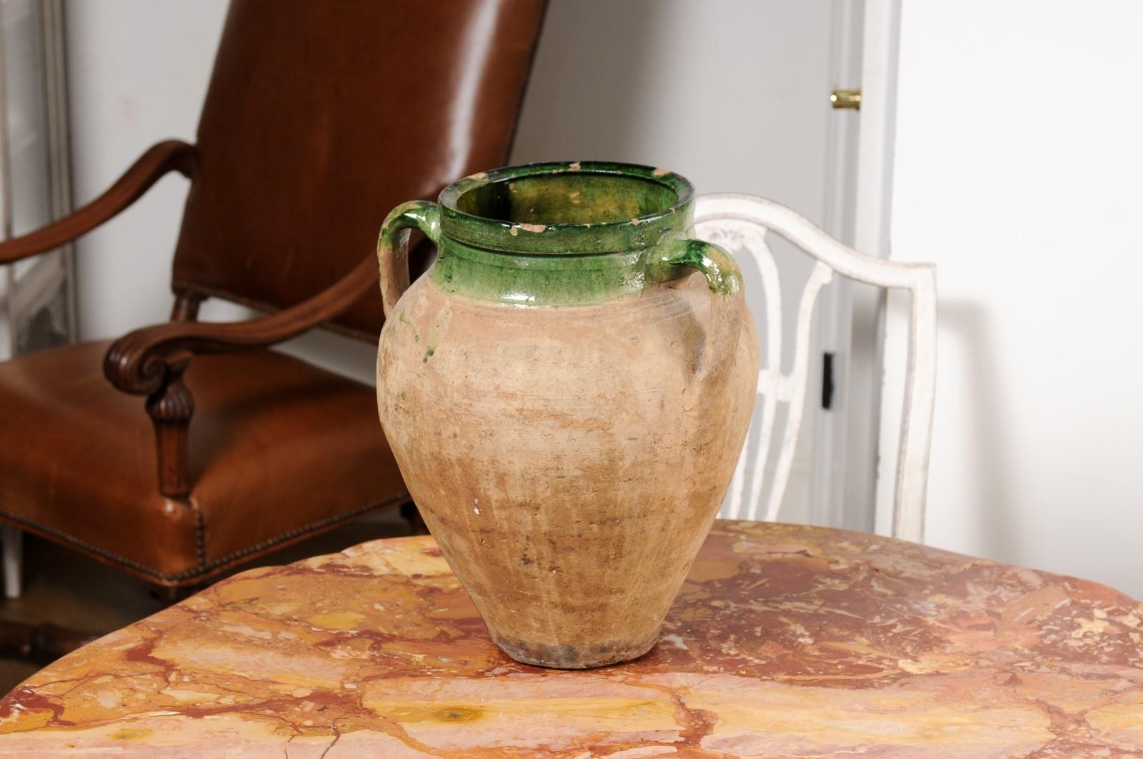 English Rustic 1930s Terracotta Olive Oil Jar Circa 1930 with Green Glazed Top For Sale 3