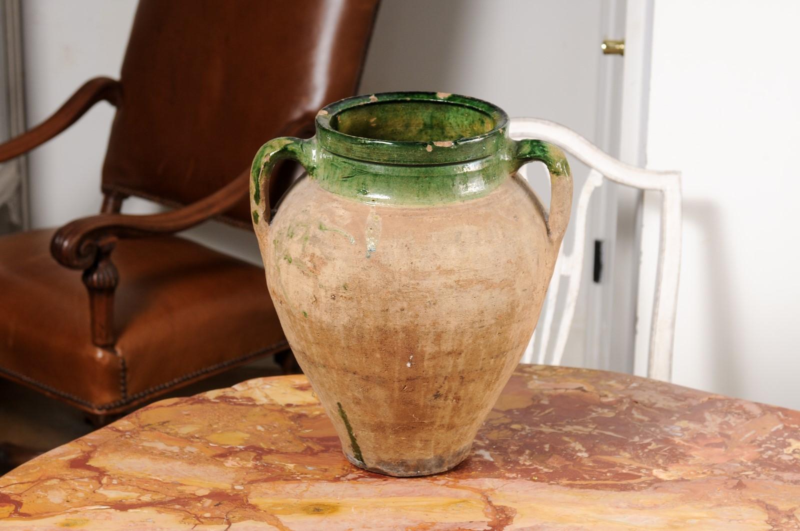 English Rustic 1930s Terracotta Olive Oil Jar Circa 1930 with Green Glazed Top For Sale 5