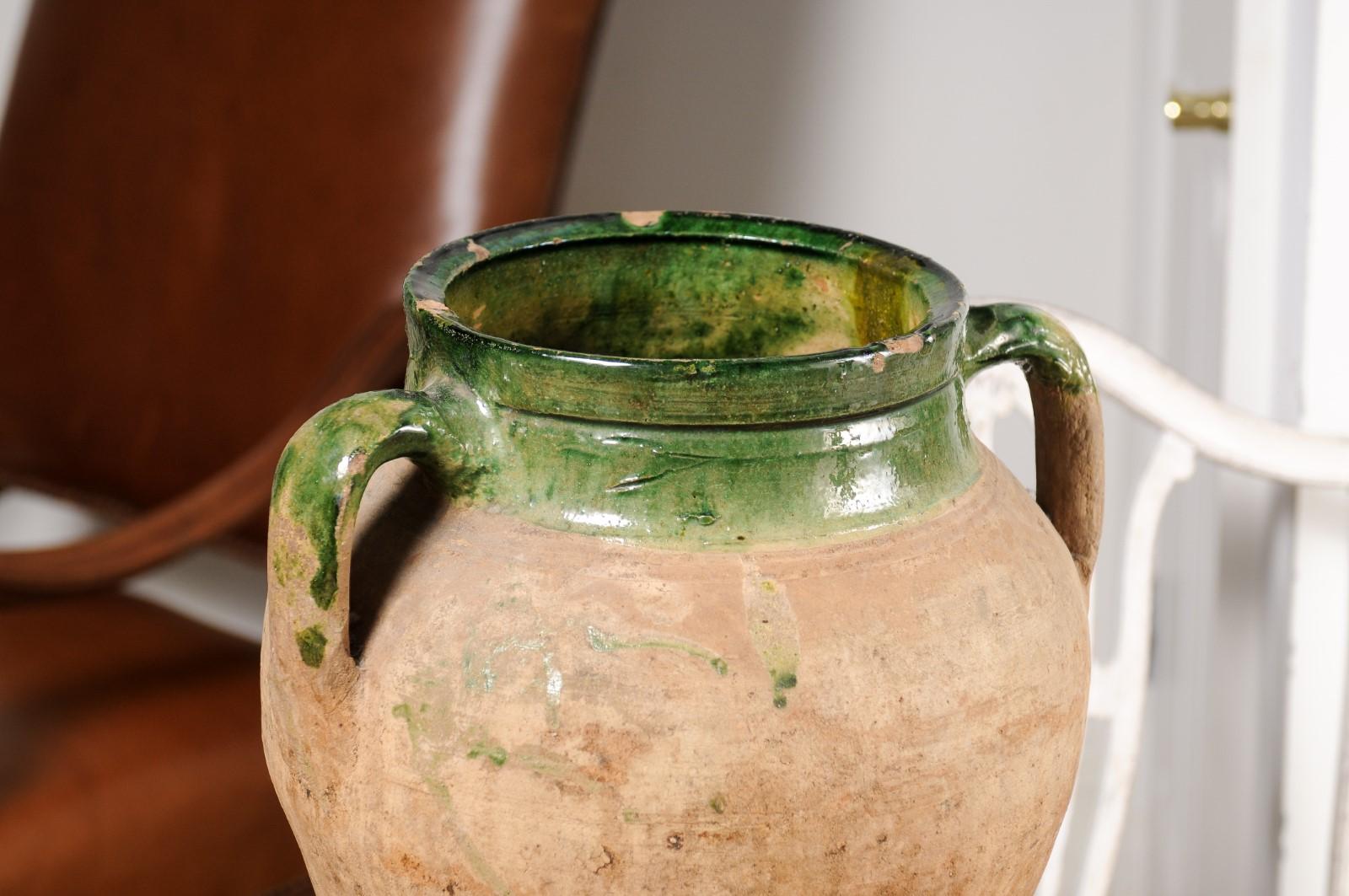 English Rustic 1930s Terracotta Olive Oil Jar Circa 1930 with Green Glazed Top In Good Condition For Sale In Atlanta, GA