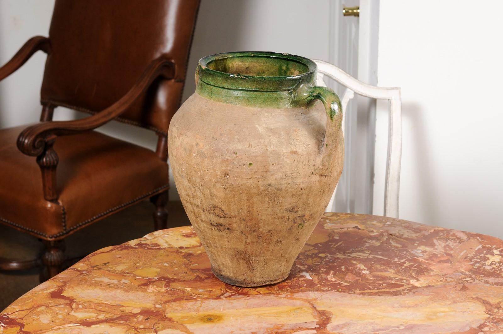 English Rustic 1930s Terracotta Olive Oil Jar Circa 1930 with Green Glazed Top For Sale 1