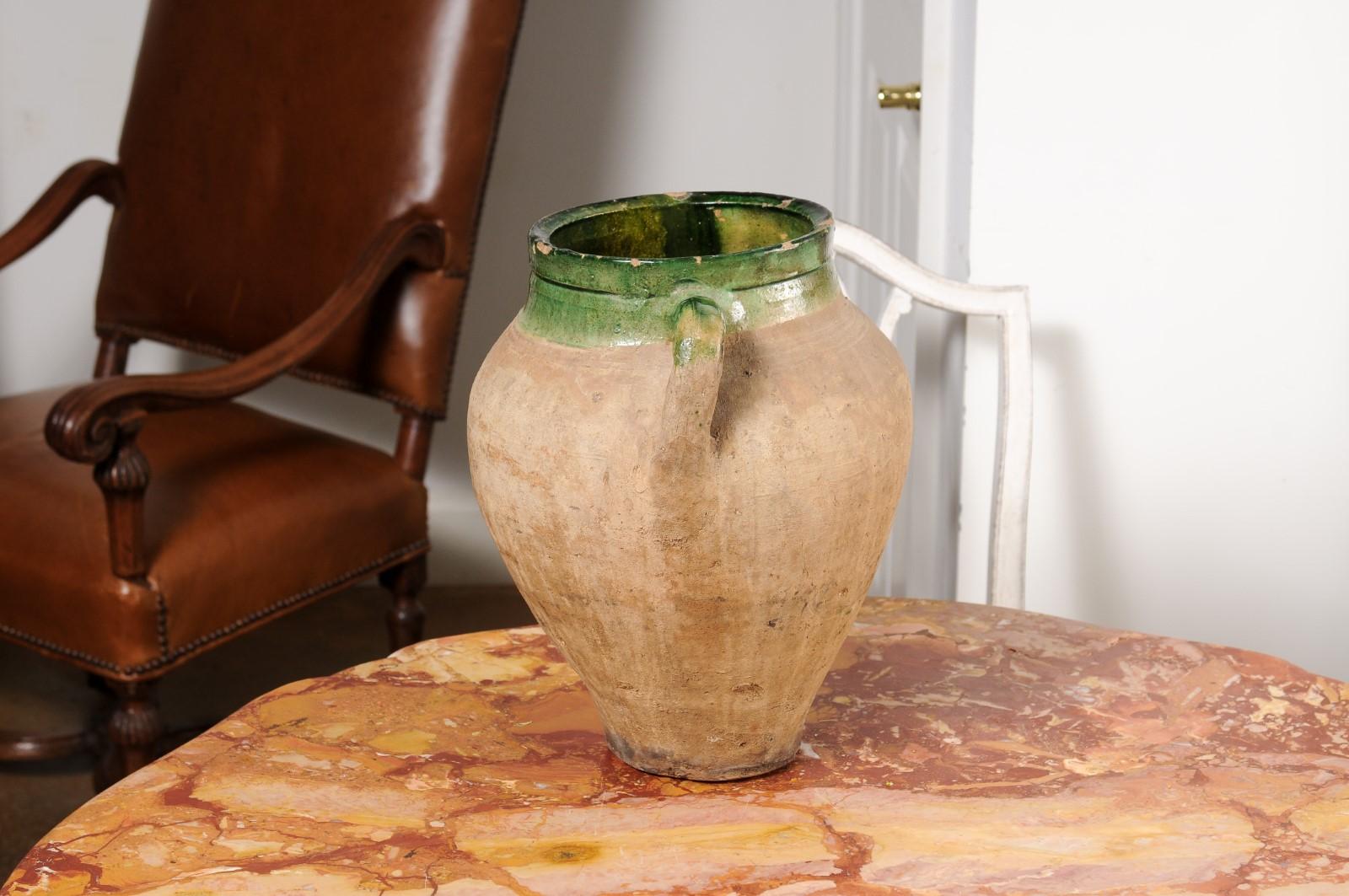 English Rustic 1930s Terracotta Olive Oil Jar Circa 1930 with Green Glazed Top For Sale 4