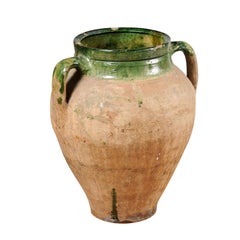 Used English Rustic 1930s Terracotta Olive Oil Jar Circa 1930 with Green Glazed Top