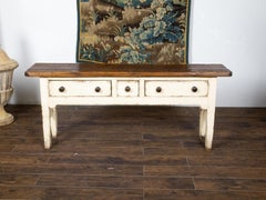English Rustic 20th Century Cream Painted Table with Brown Top and Three Drawers