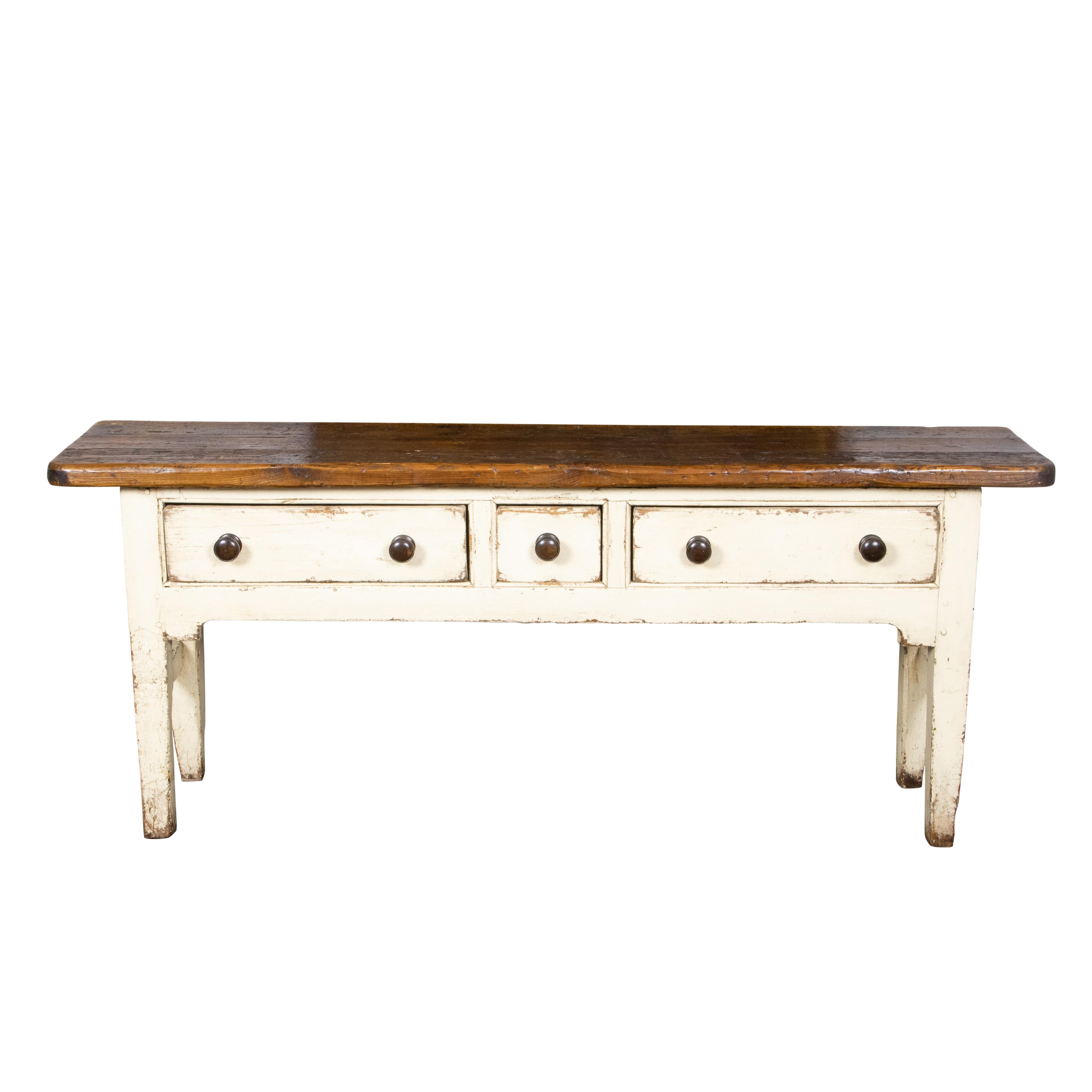 English Rustic 20th Century Cream Painted Table with Brown Top and Three Drawers In Good Condition In Atlanta, GA