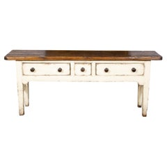 English Rustic 20th Century Cream Painted Table with Brown Top and Three Drawers