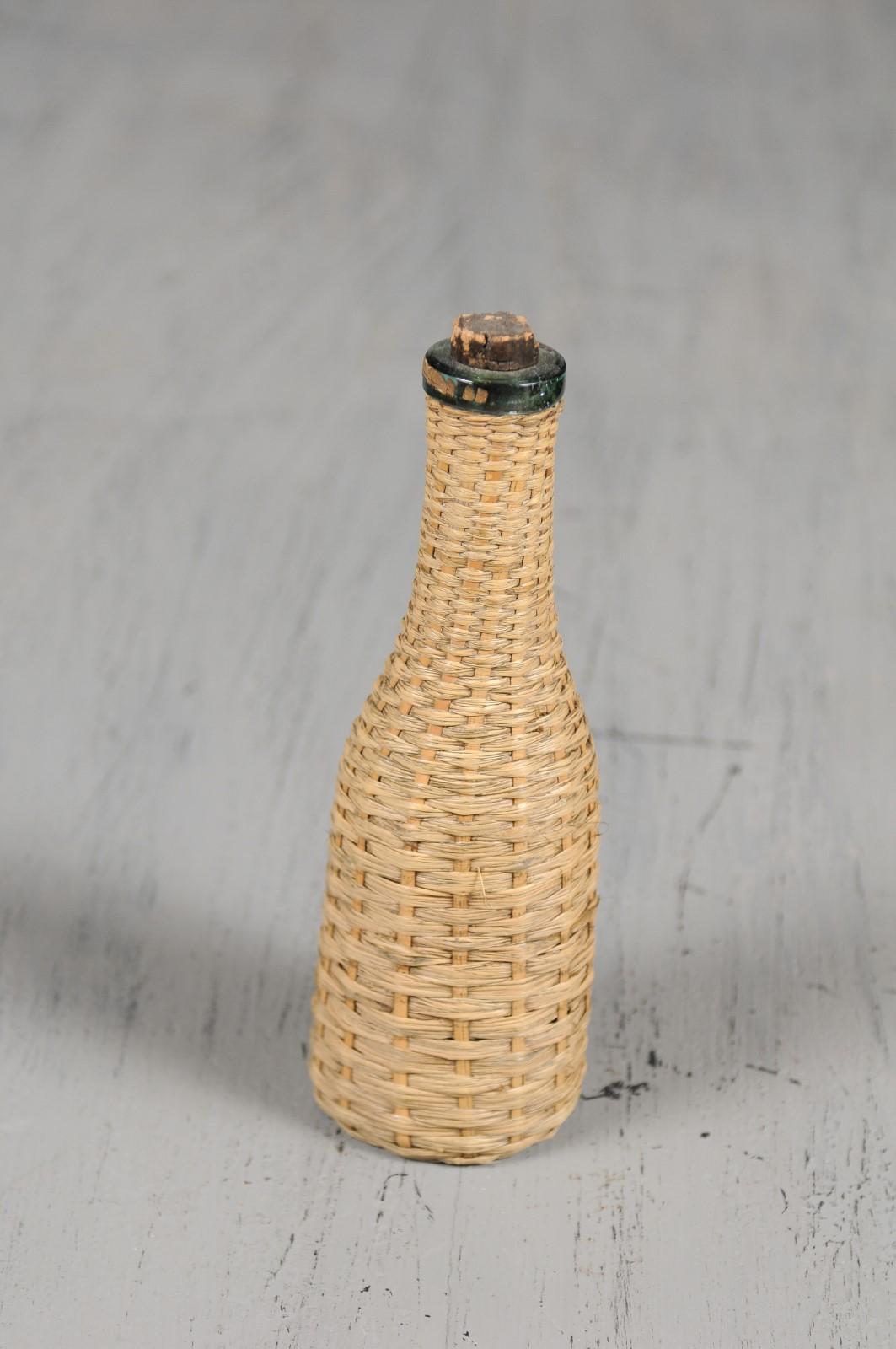 English Rustic Straw Covered Bottle with its Cork from the 19th Century 1