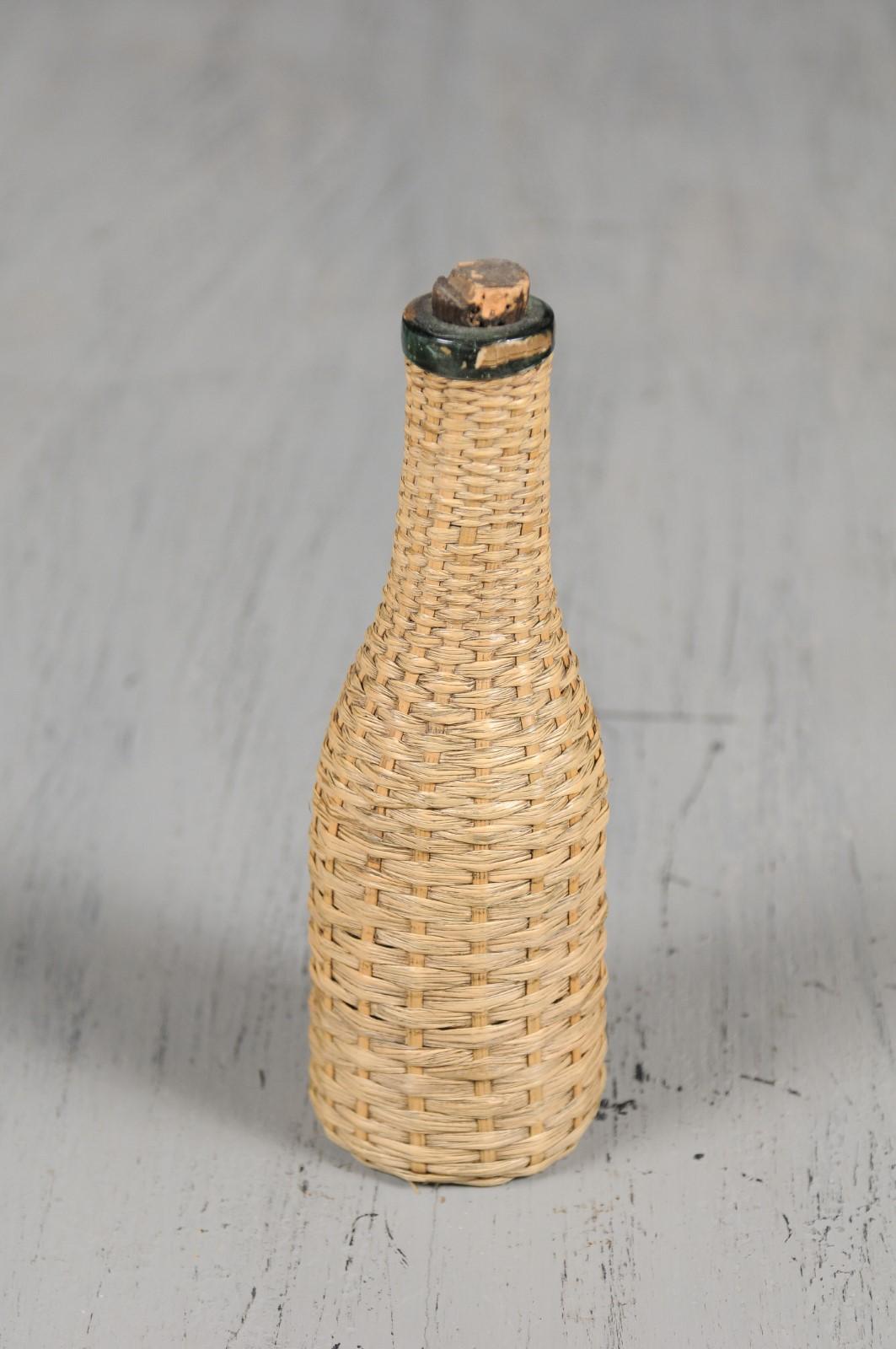 English Rustic Straw Covered Bottle with its Cork from the 19th Century 2