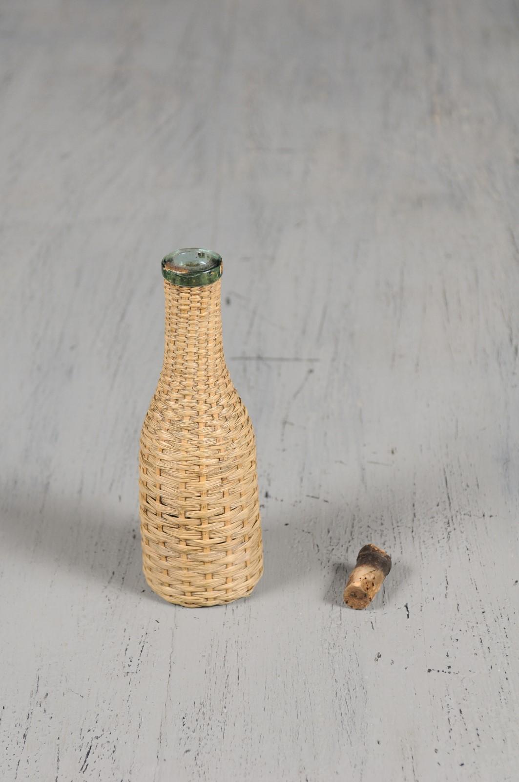 English Rustic Straw Covered Bottle with its Cork from the 19th Century 3