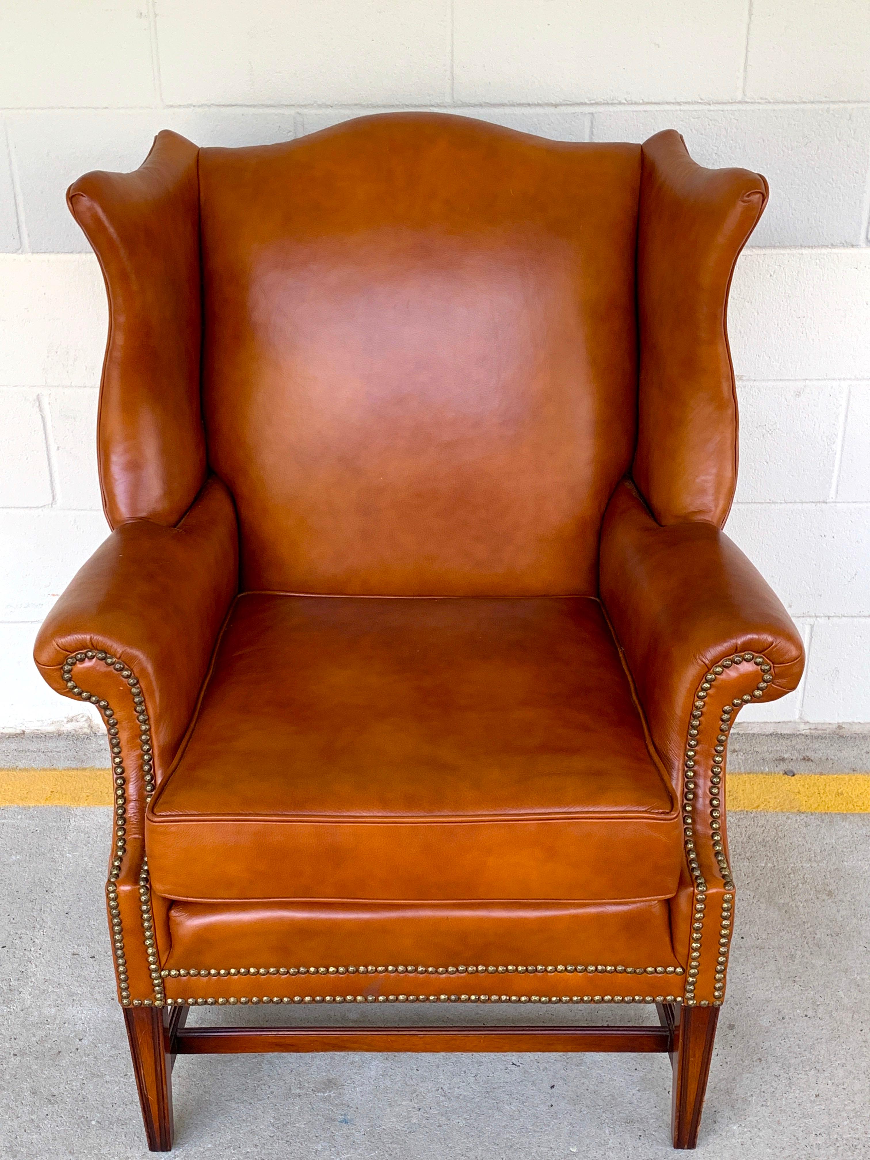 Regency English Saddle Leather Mahogany Wingback Chair For Sale