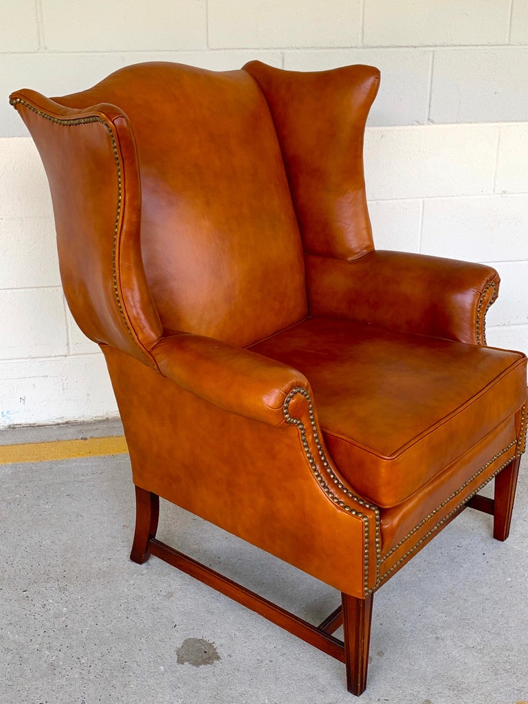 English Saddle Leather Mahogany Wingback Chair For Sale at 1stDibs