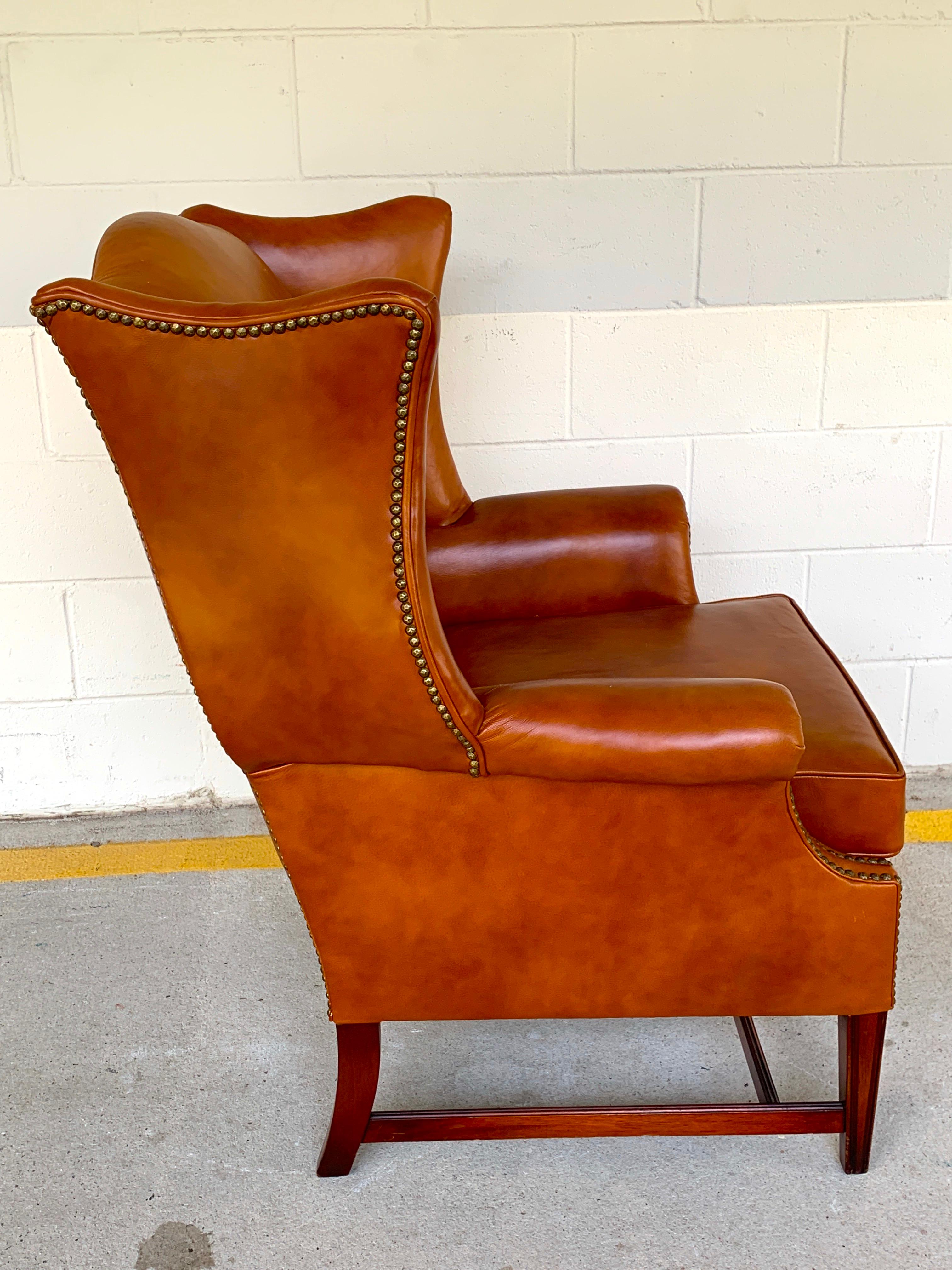 English Saddle Leather Mahogany Wingback Chair For Sale 1