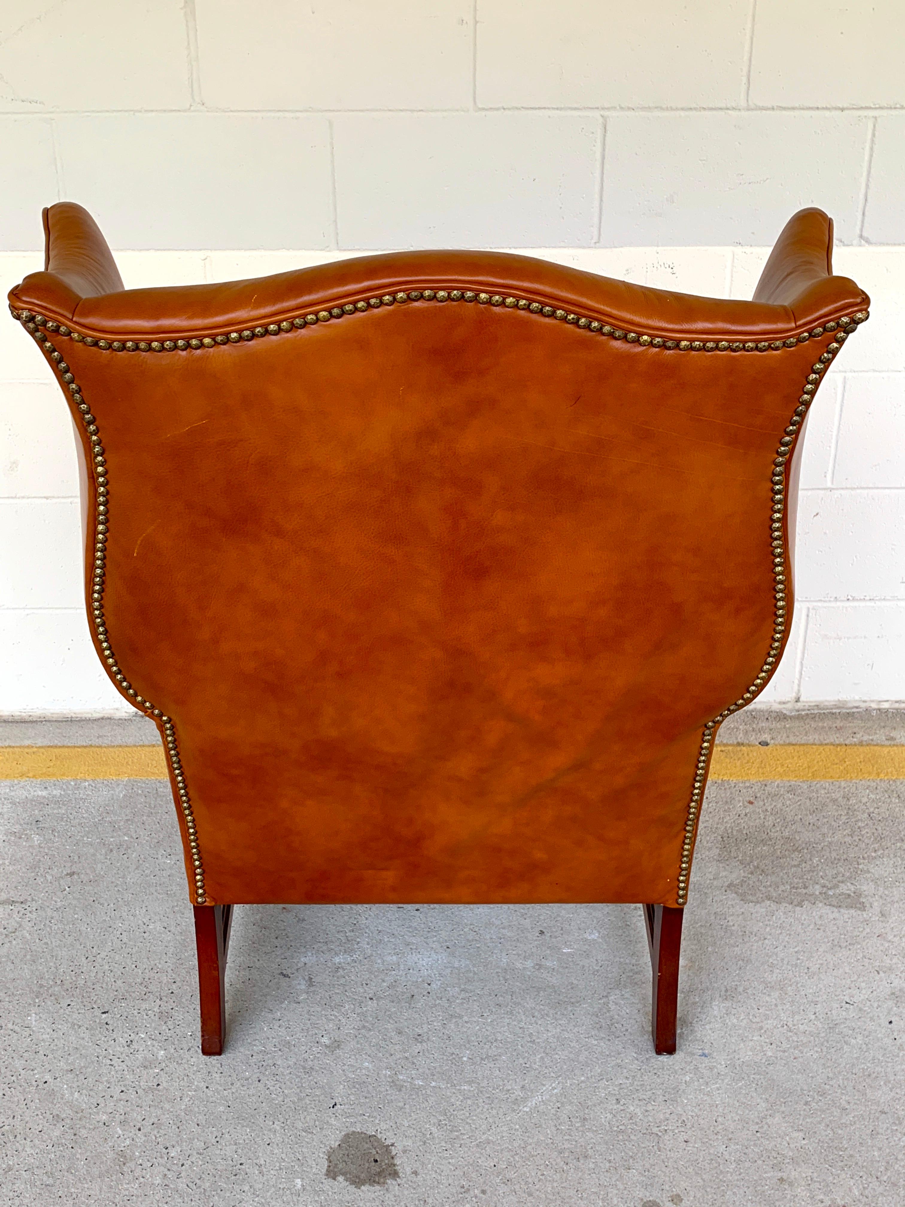 English Saddle Leather Mahogany Wingback Chair For Sale 2