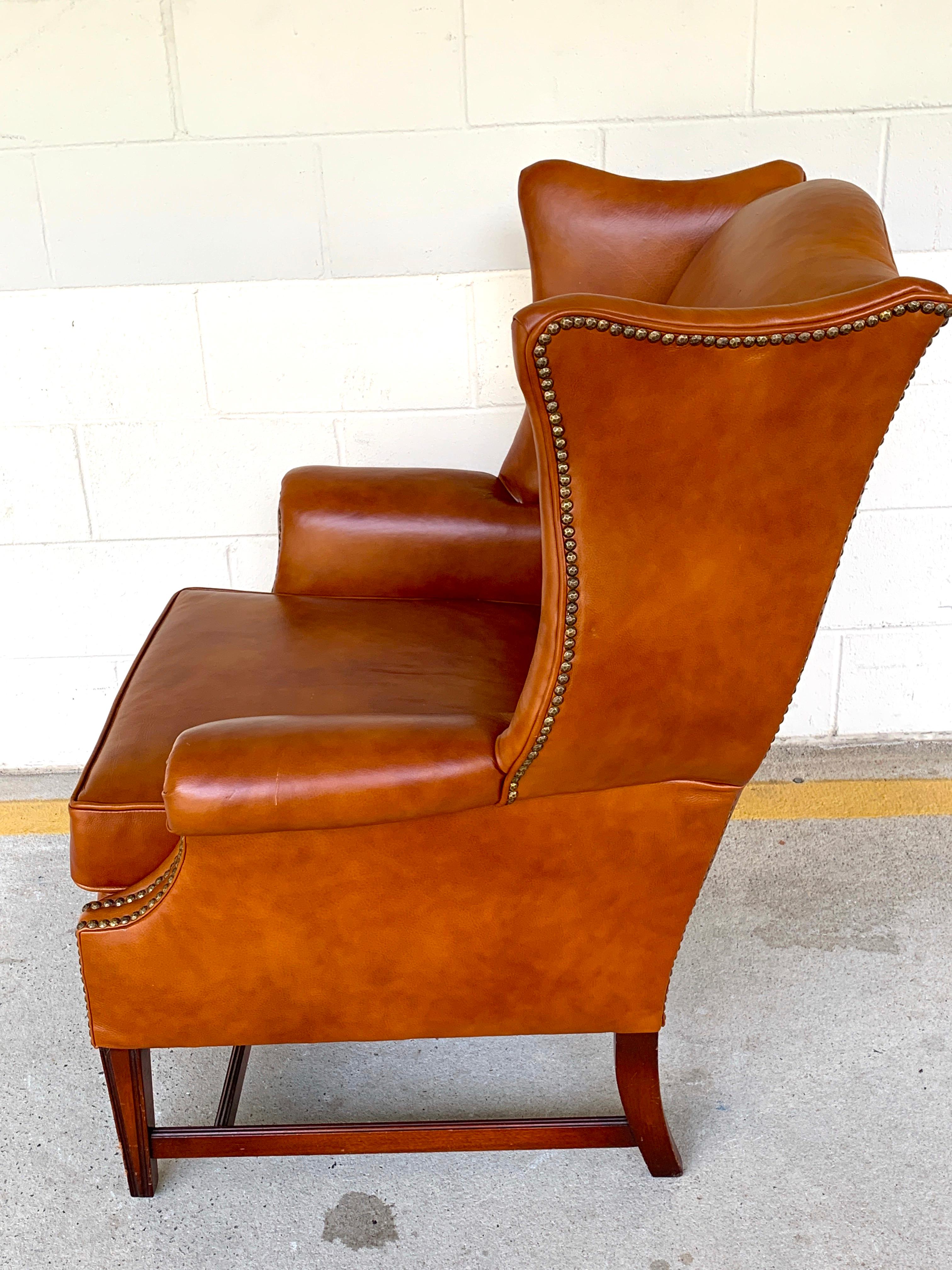 English Saddle Leather Mahogany Wingback Chair For Sale 3