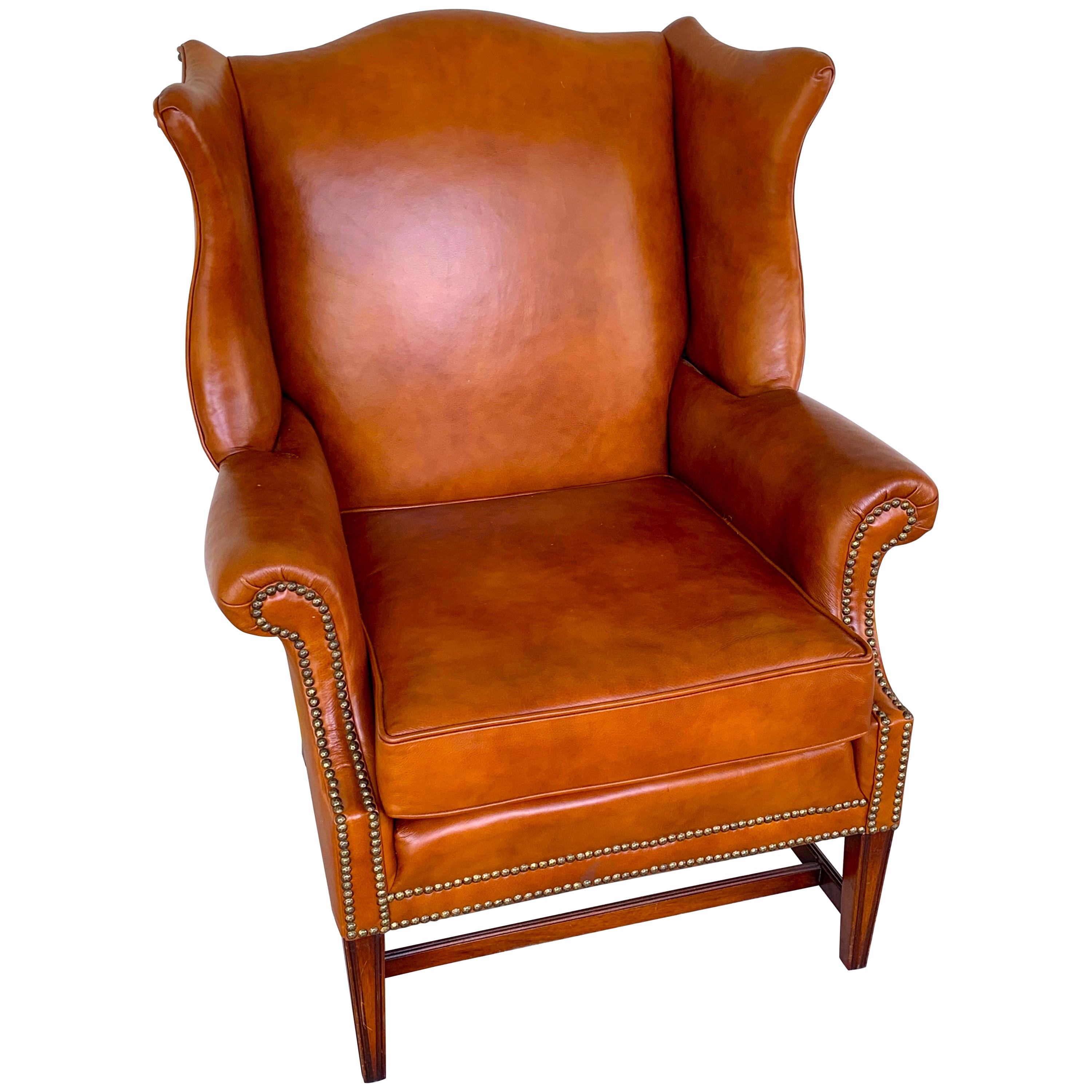 English Saddle Leather Mahogany Wingback Chair For Sale