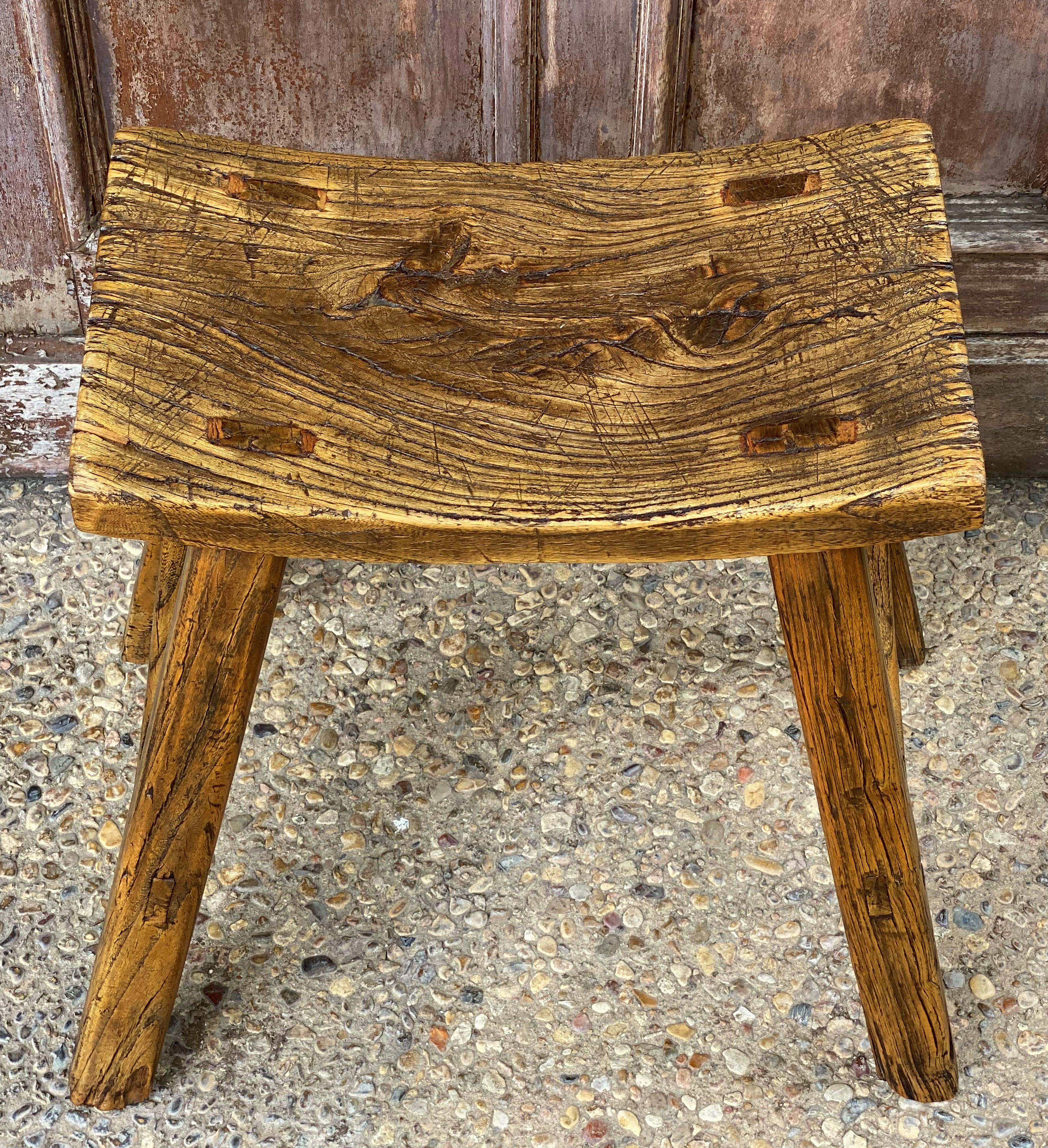 Wood English Saddle Seat or Farm Stool of Elm