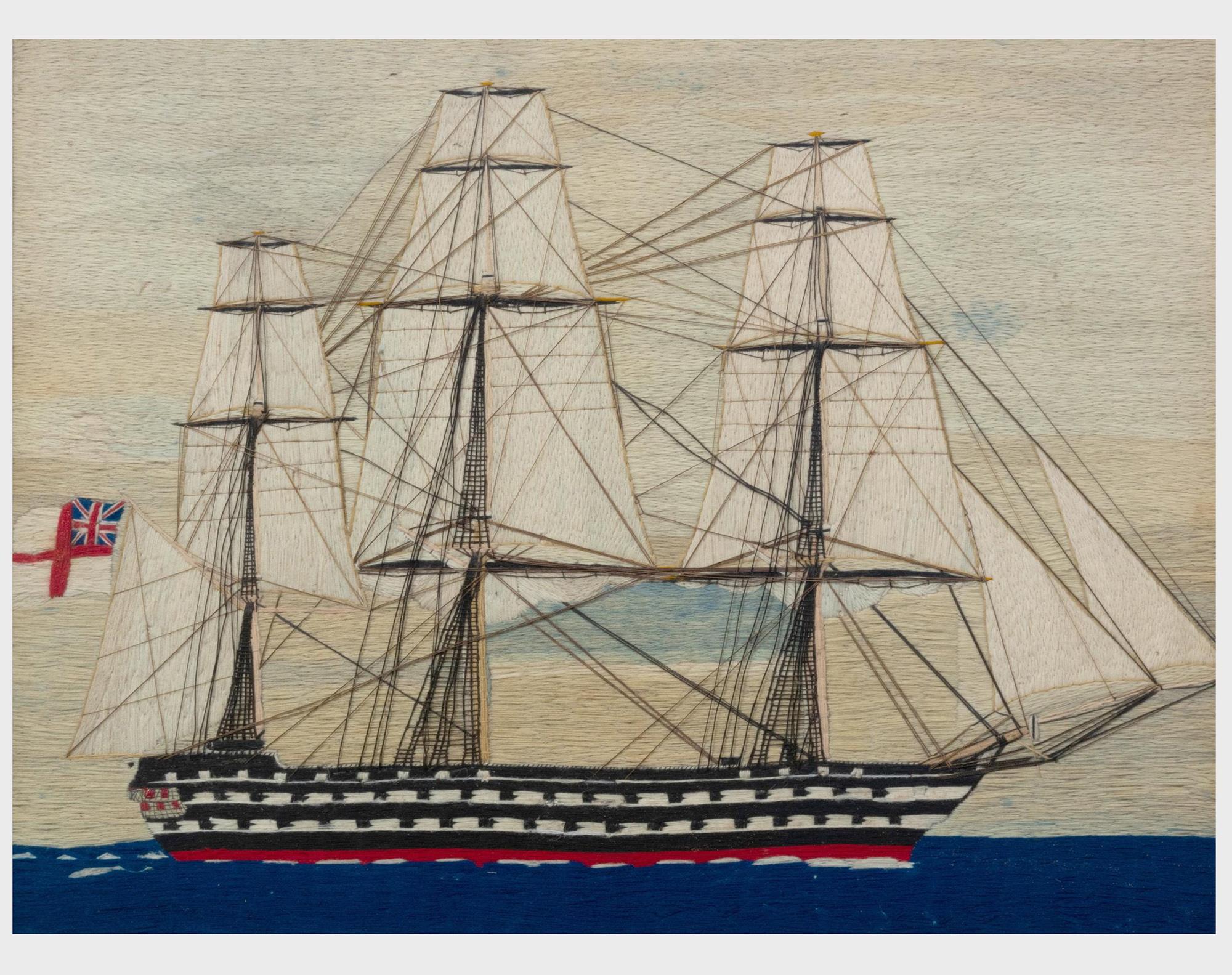 Travail de laine d'un marin anglais sur un cuirassé,
Vers 1865-75.

Le lainage du marin représente une vue à tribord d'un cuirassé de second rang arborant le drapeau blanc sous voiles.  Des paquets de mer blancs se brisent contre la coque alors