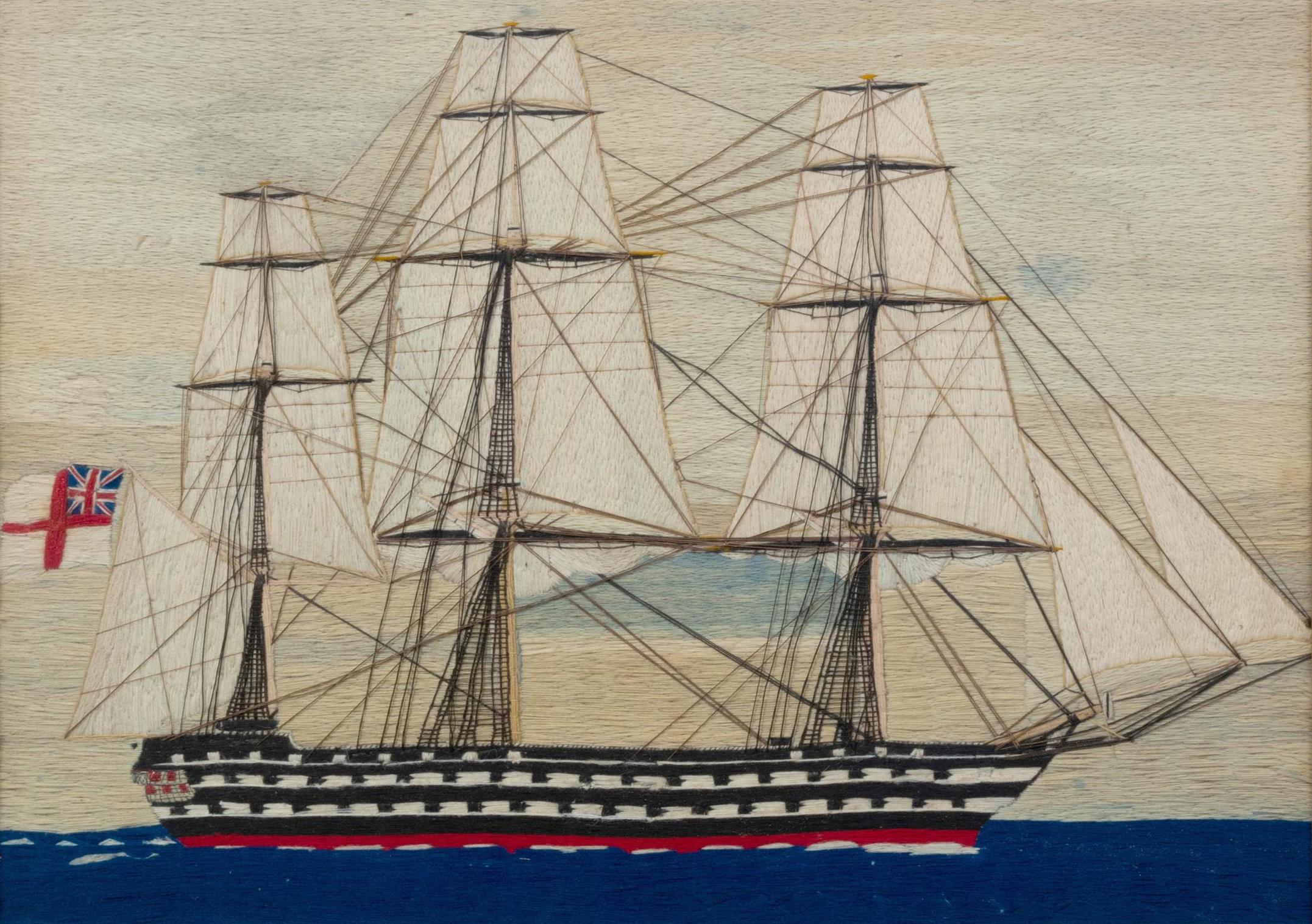 Early Victorian English Sailor's Woolwork of a Second Rate Battleship with White Ensign For Sale