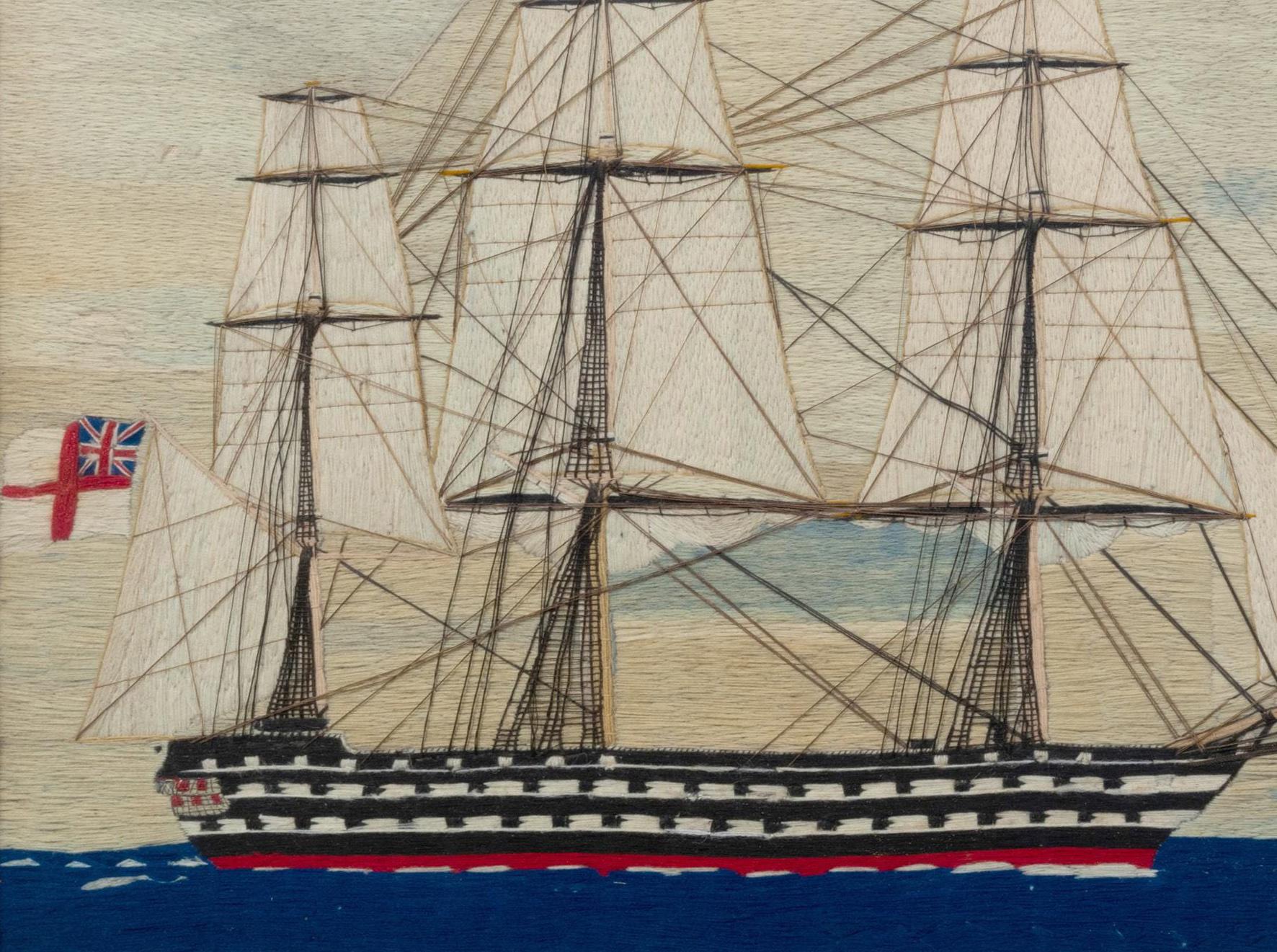 English Sailor's Woolwork of a Second Rate Battleship with White Ensign In Good Condition For Sale In Downingtown, PA