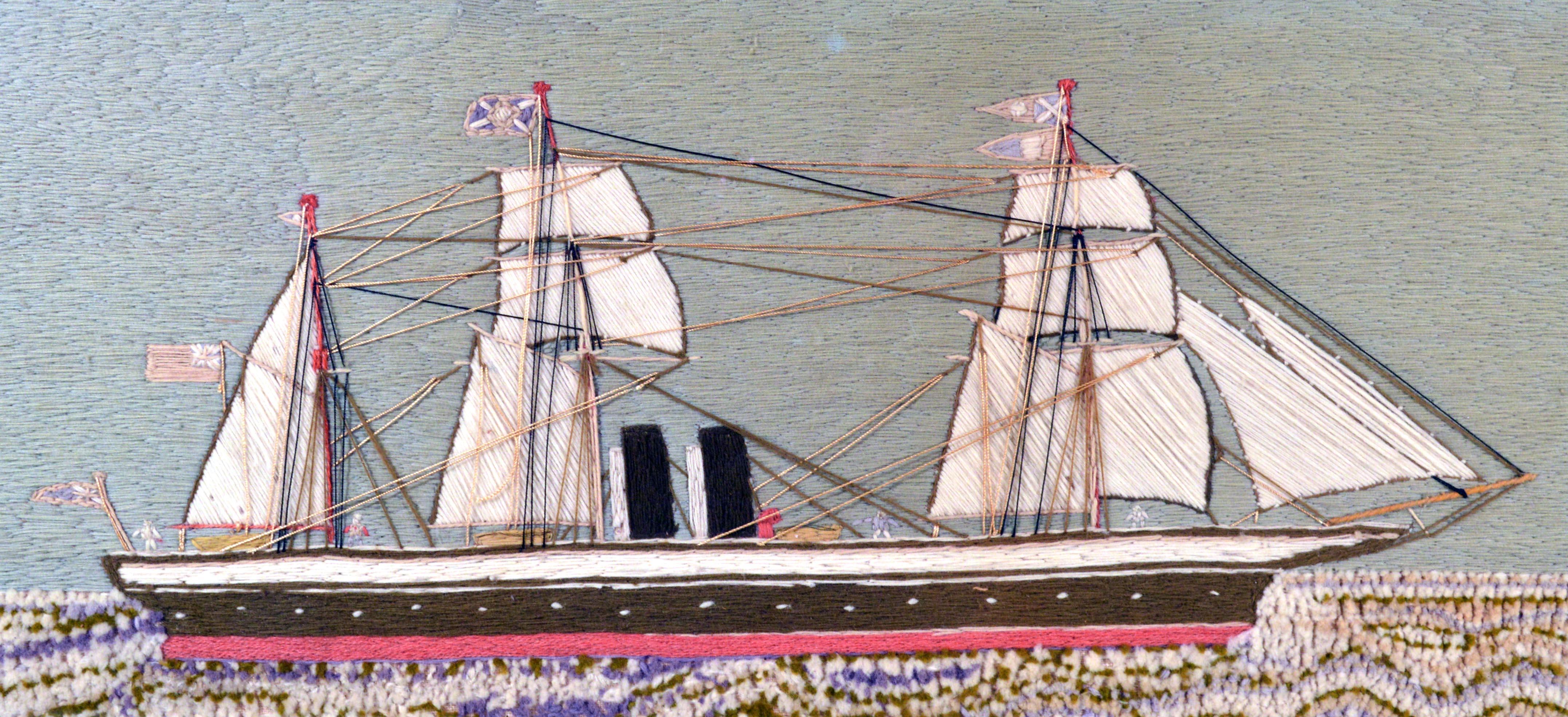 English Sailor's woolwork of a three-mastered double funnel merchant ship,
circa 1880

The woolie shows a starboard side view of the three-mastered ship under full sail with various figures visible on board. The masts with various different flags
