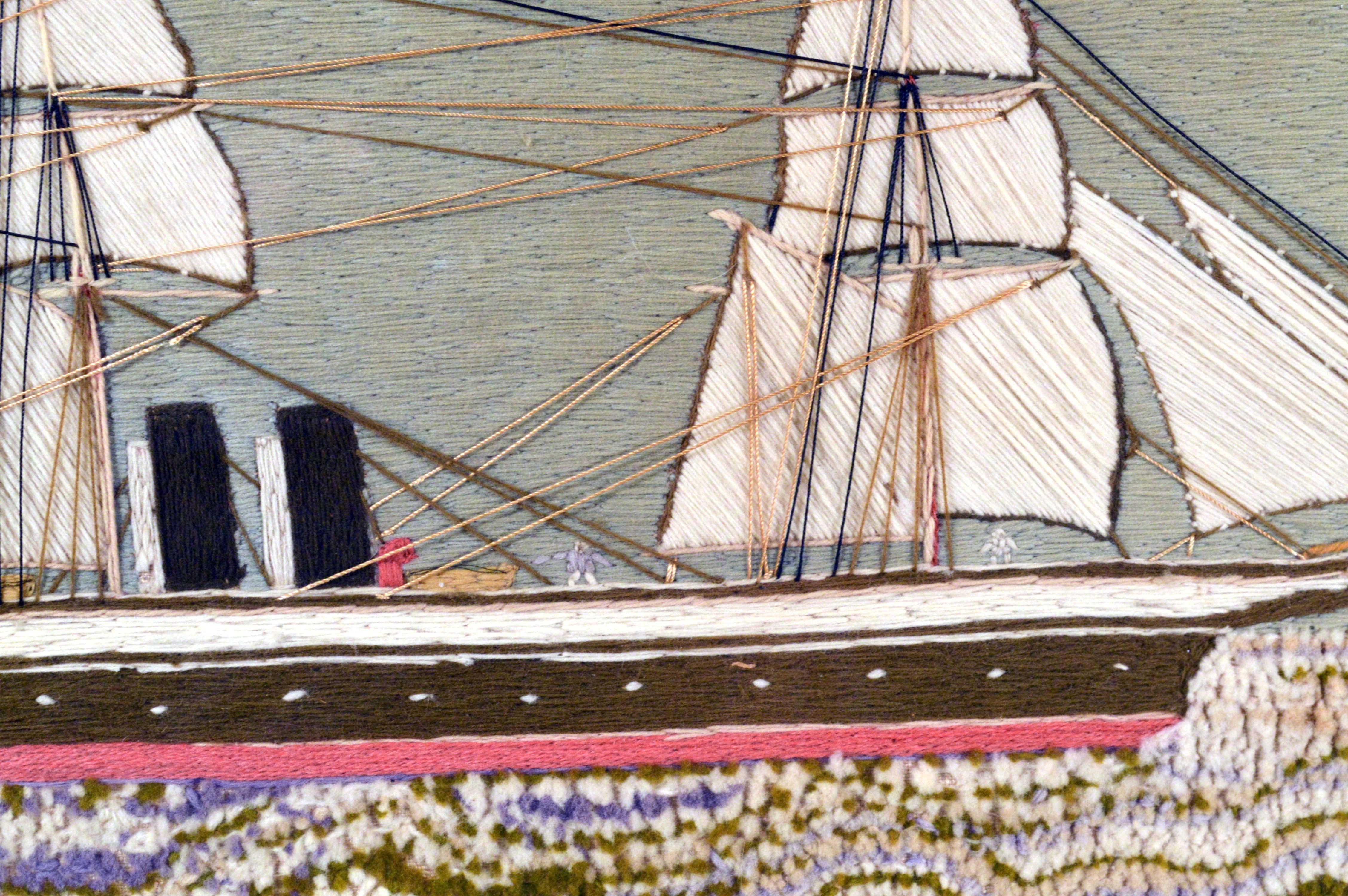 Victorian English Sailor's Woolwork of a Three-Mastered Double Funnel Merchant Ship