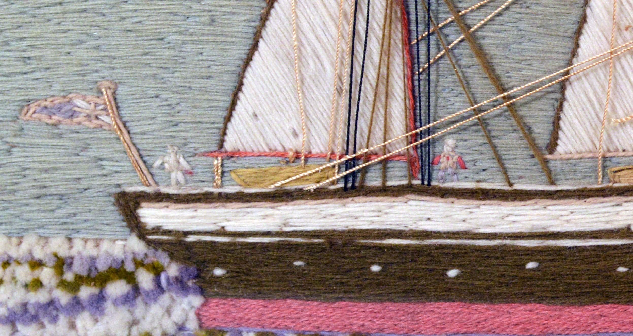 English Sailor's Woolwork of a Three-Mastered Double Funnel Merchant Ship In Good Condition In Downingtown, PA