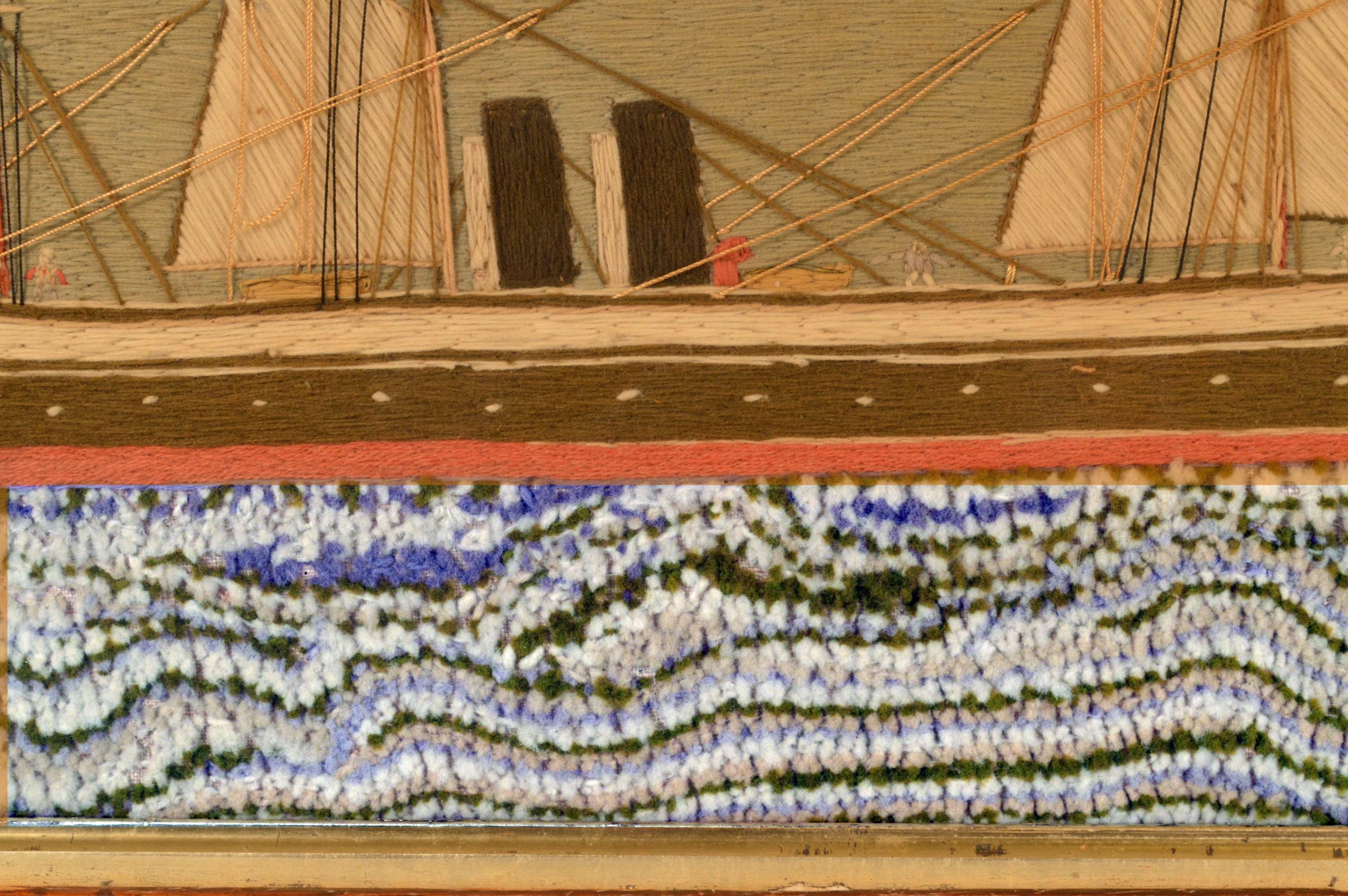 Late 19th Century English Sailor's Woolwork of a Three-Mastered Double Funnel Merchant Ship