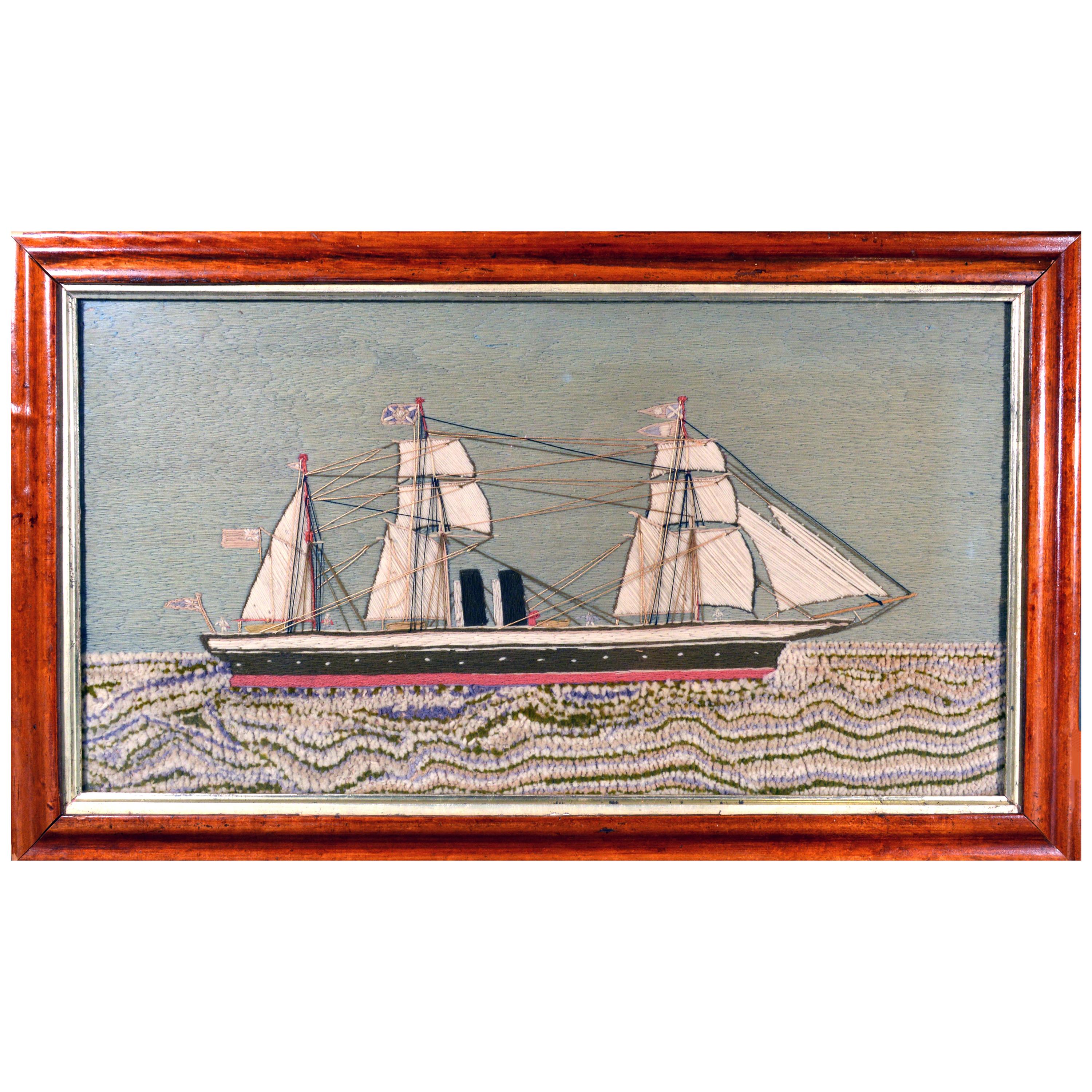 English Sailor's Woolwork of a Three-Mastered Double Funnel Merchant Ship