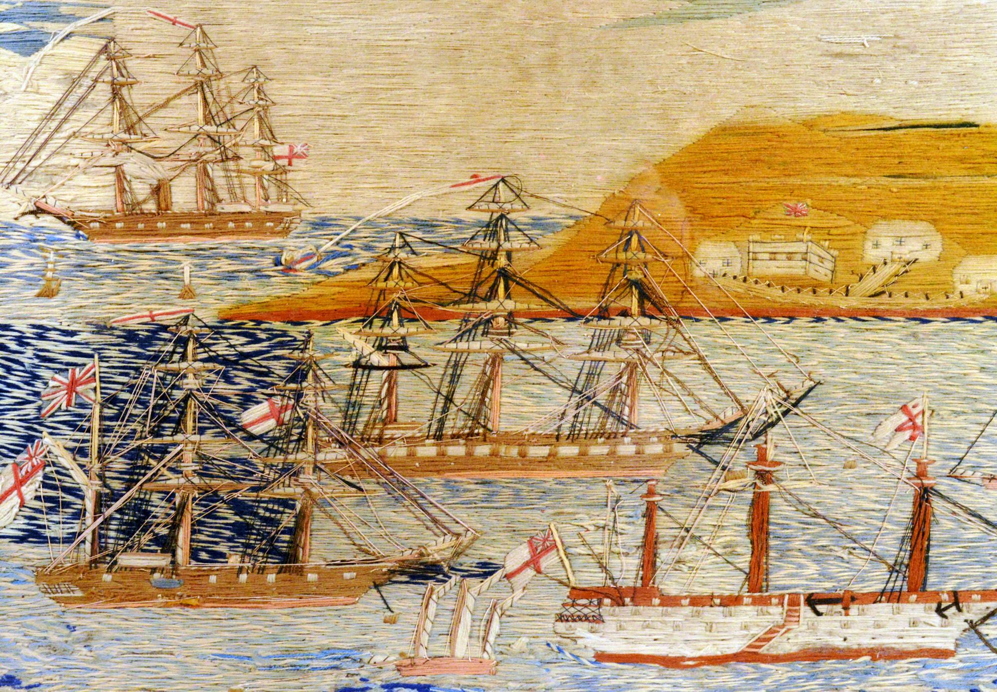 Victorian English Sailor's Woolwork or Woolie with Multiple Ships in a Bay