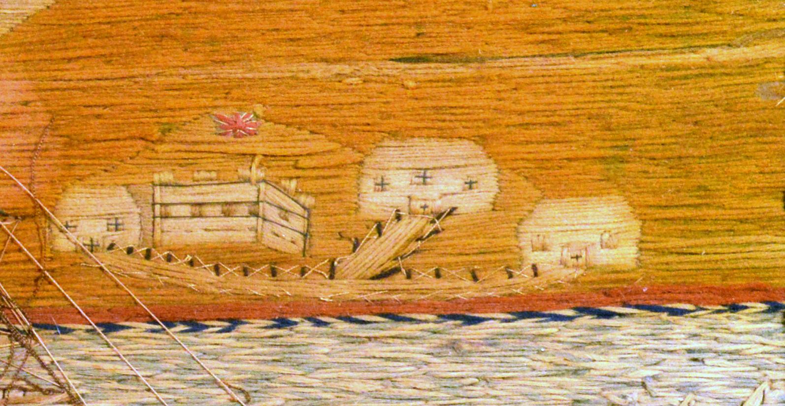 Textile English Sailor's Woolwork or Woolie with Multiple Ships in a Bay