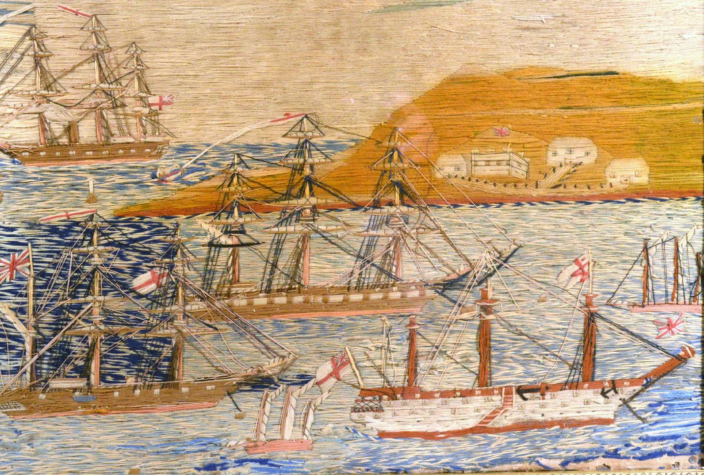 English Sailor's Woolwork or Woolie with Multiple Ships in a Bay 1