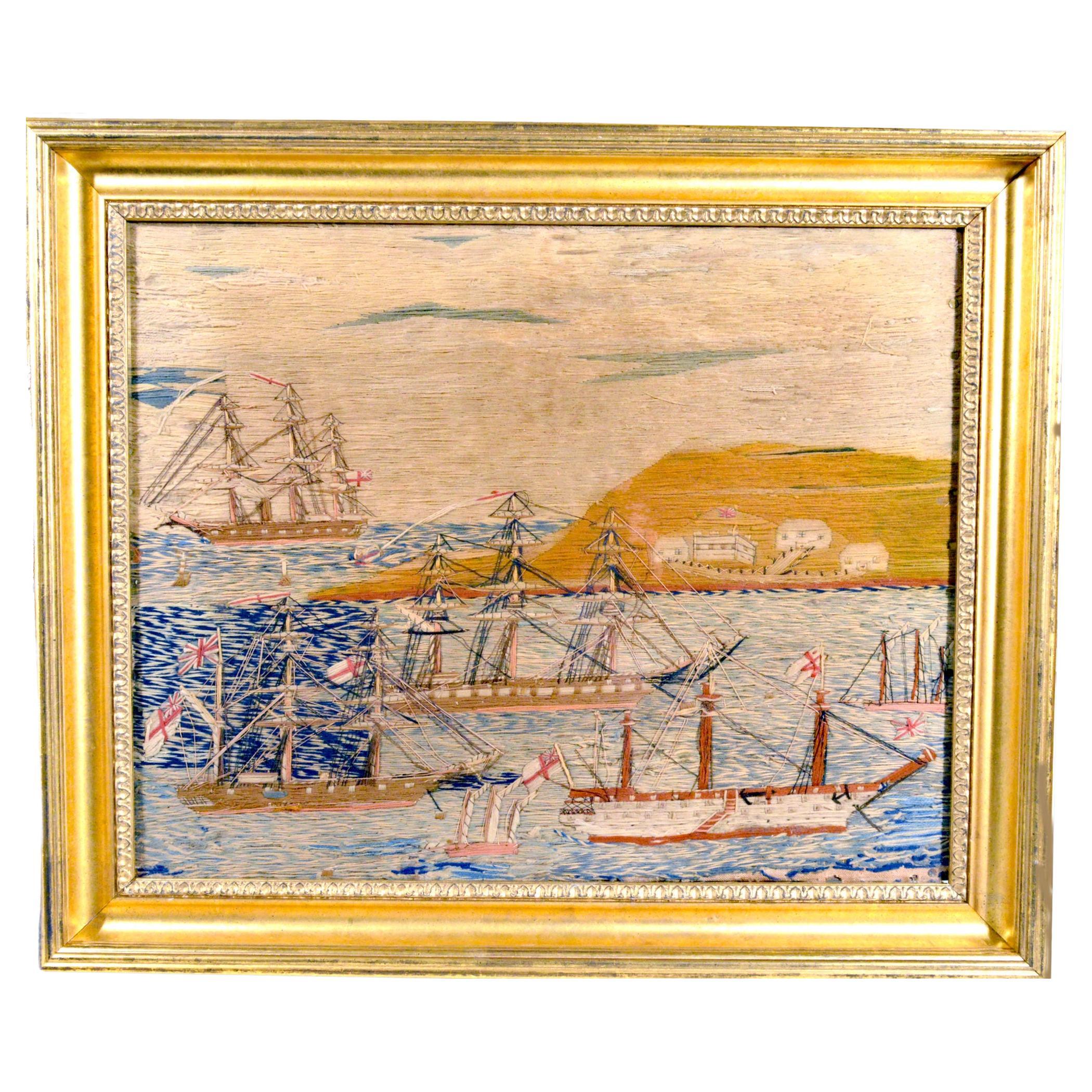 English Sailor's Woolwork or Woolie with Multiple Ships in a Bay