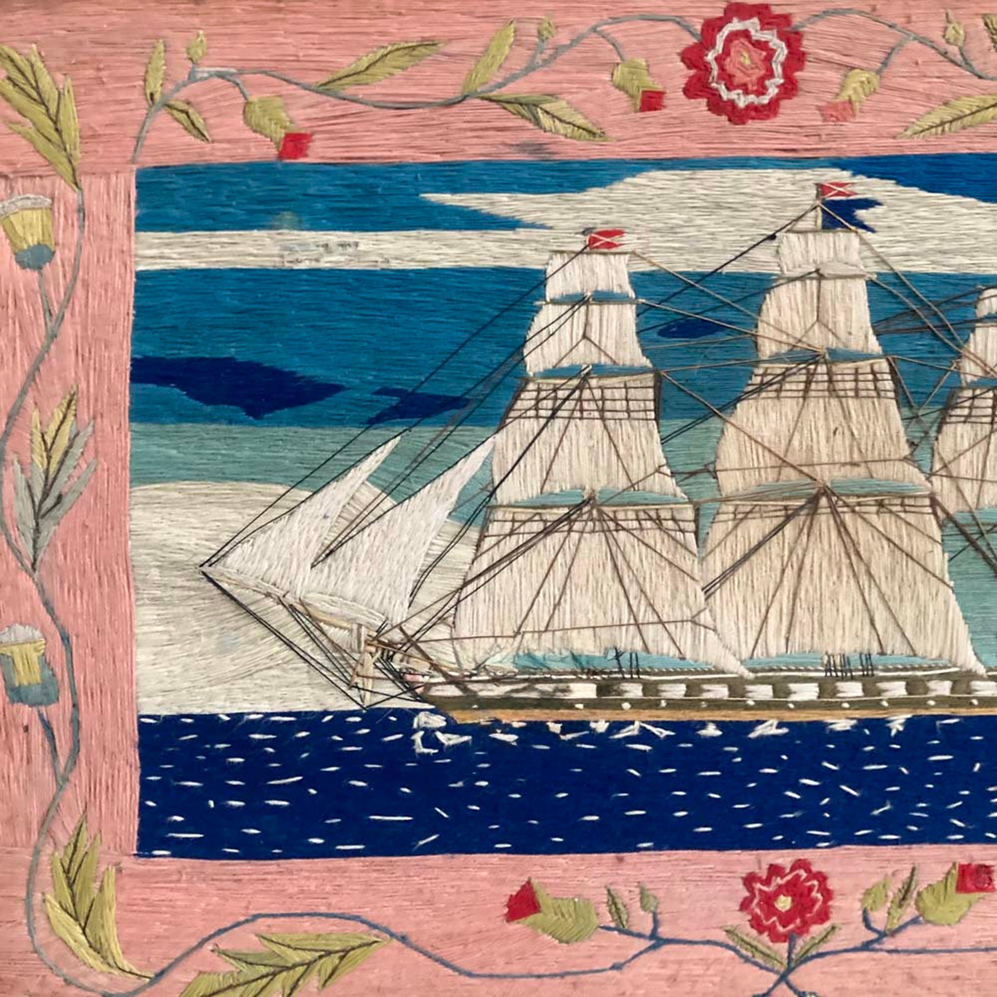 English Sailor's Woolwork Picture of a Port Side View of a Royal Navy Frigate For Sale 6