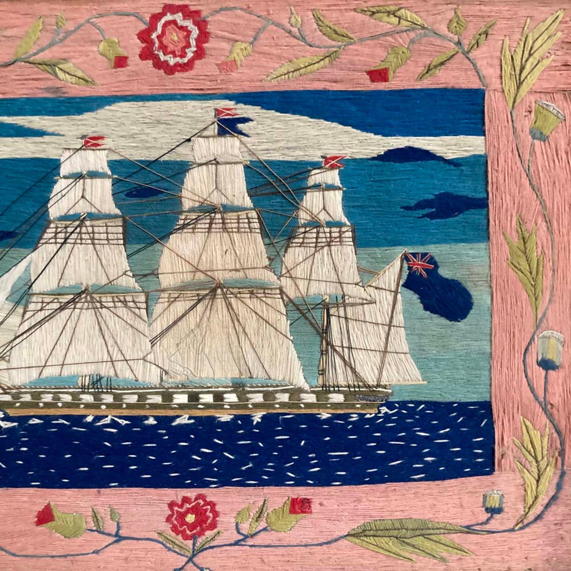 English Sailor's Woolwork Picture of a Port Side View of a Royal Navy Frigate For Sale 7