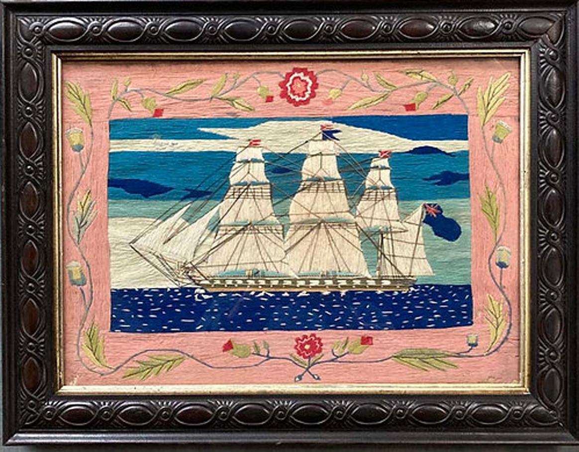 Folk Art English Sailor's Woolwork Picture of a Port Side View of a Royal Navy Frigate For Sale