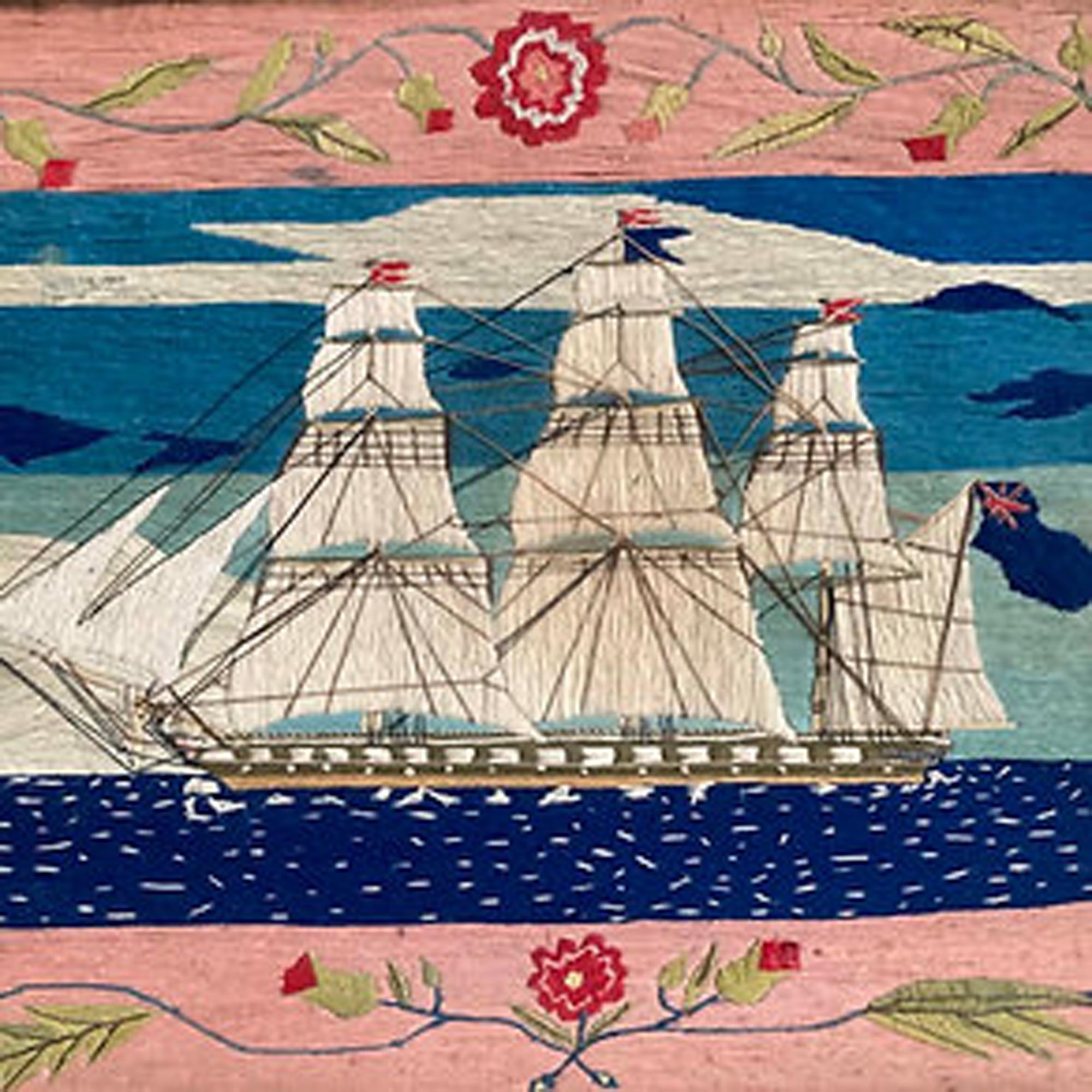 English Sailor's Woolwork Picture of a Port Side View of a Royal Navy Frigate In Good Condition For Sale In Downingtown, PA
