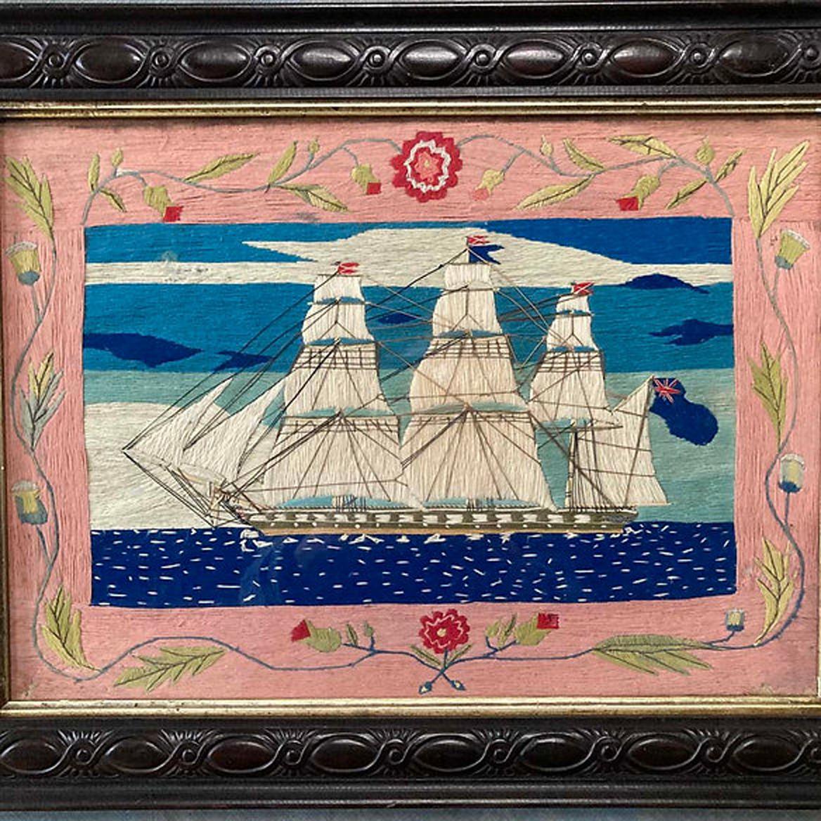 19th Century English Sailor's Woolwork Picture of a Port Side View of a Royal Navy Frigate For Sale
