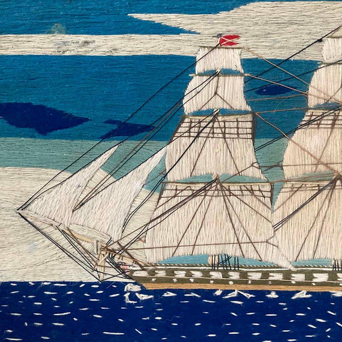 English Sailor's Woolwork Picture of a Port Side View of a Royal Navy Frigate For Sale 1