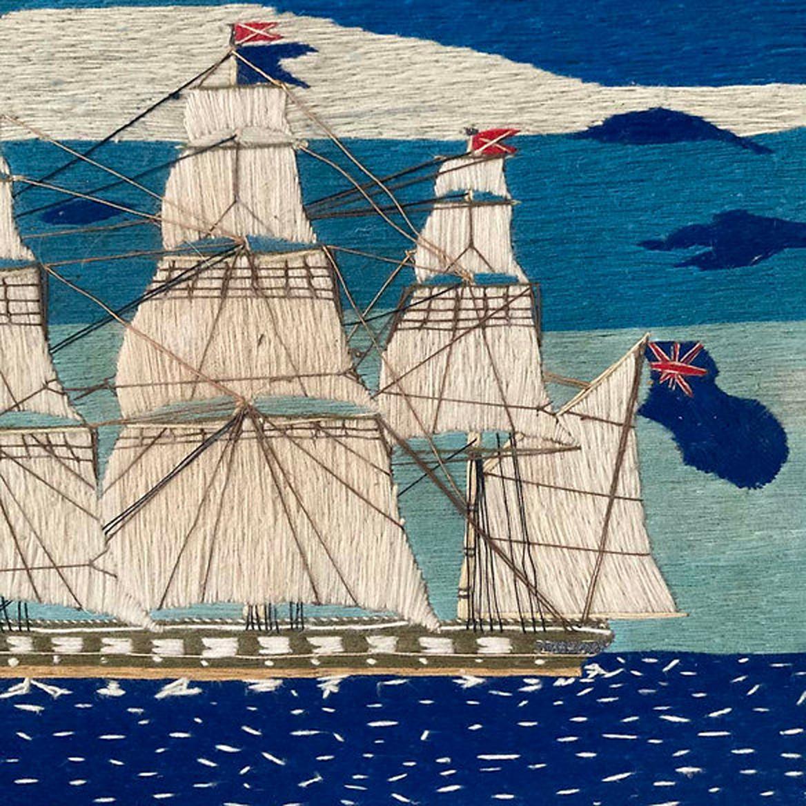 English Sailor's Woolwork Picture of a Port Side View of a Royal Navy Frigate For Sale 2