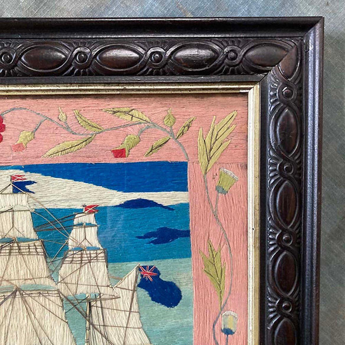 English Sailor's Woolwork Picture of a Port Side View of a Royal Navy Frigate For Sale 4