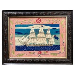 Quadro in lana di un marinaio inglese raffigurante una vista dal lato sinistro di una fregata della Royal Navy