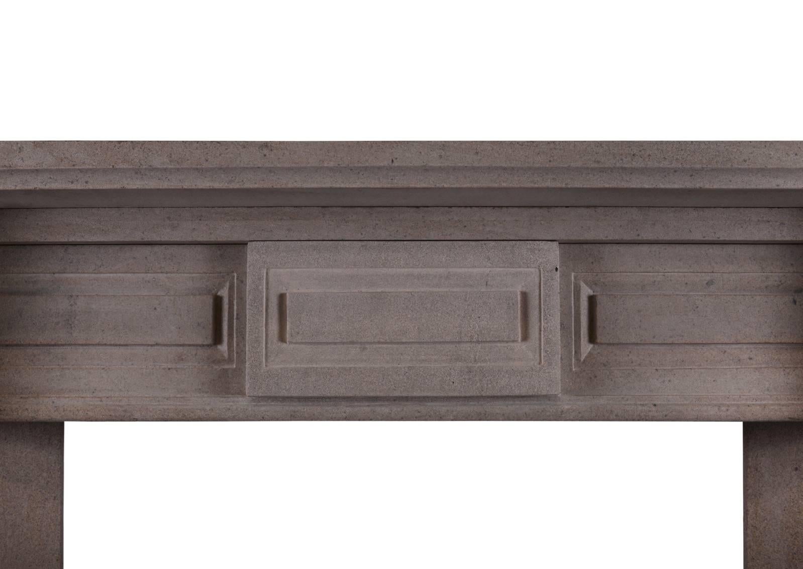 An English sandstone chimneypiece in the Georgian manner. The columned jambs surmounted by Doric capitals and panelled end blockings, the frieze with panelling throughout. Moulded shelf above, circa 1900.


Measures: 
Shelf width: 1830 mm / 72
