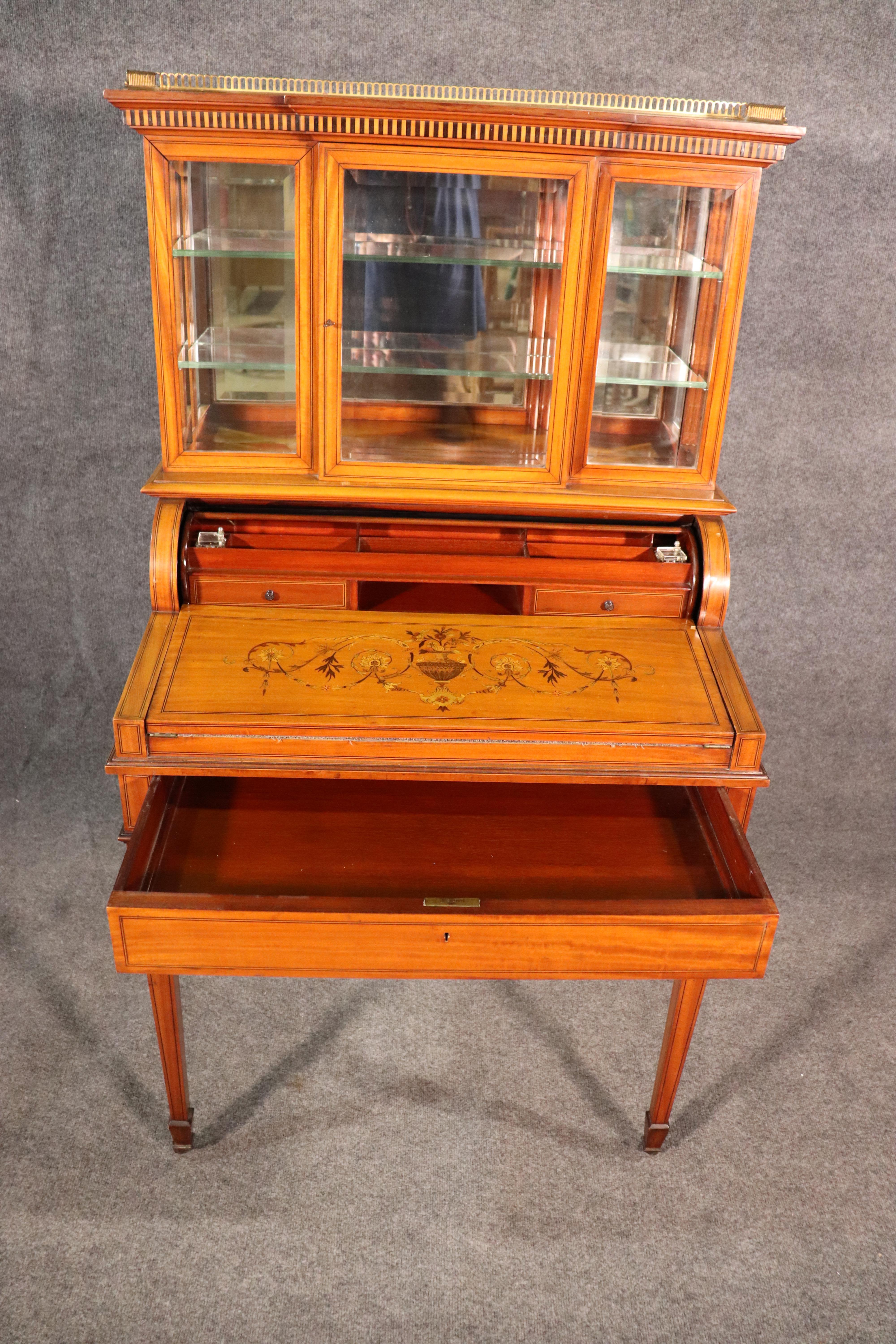 English Satinwood Adams Inlaid Secretary Desk Vitrine Top with Inkwells For Sale 7