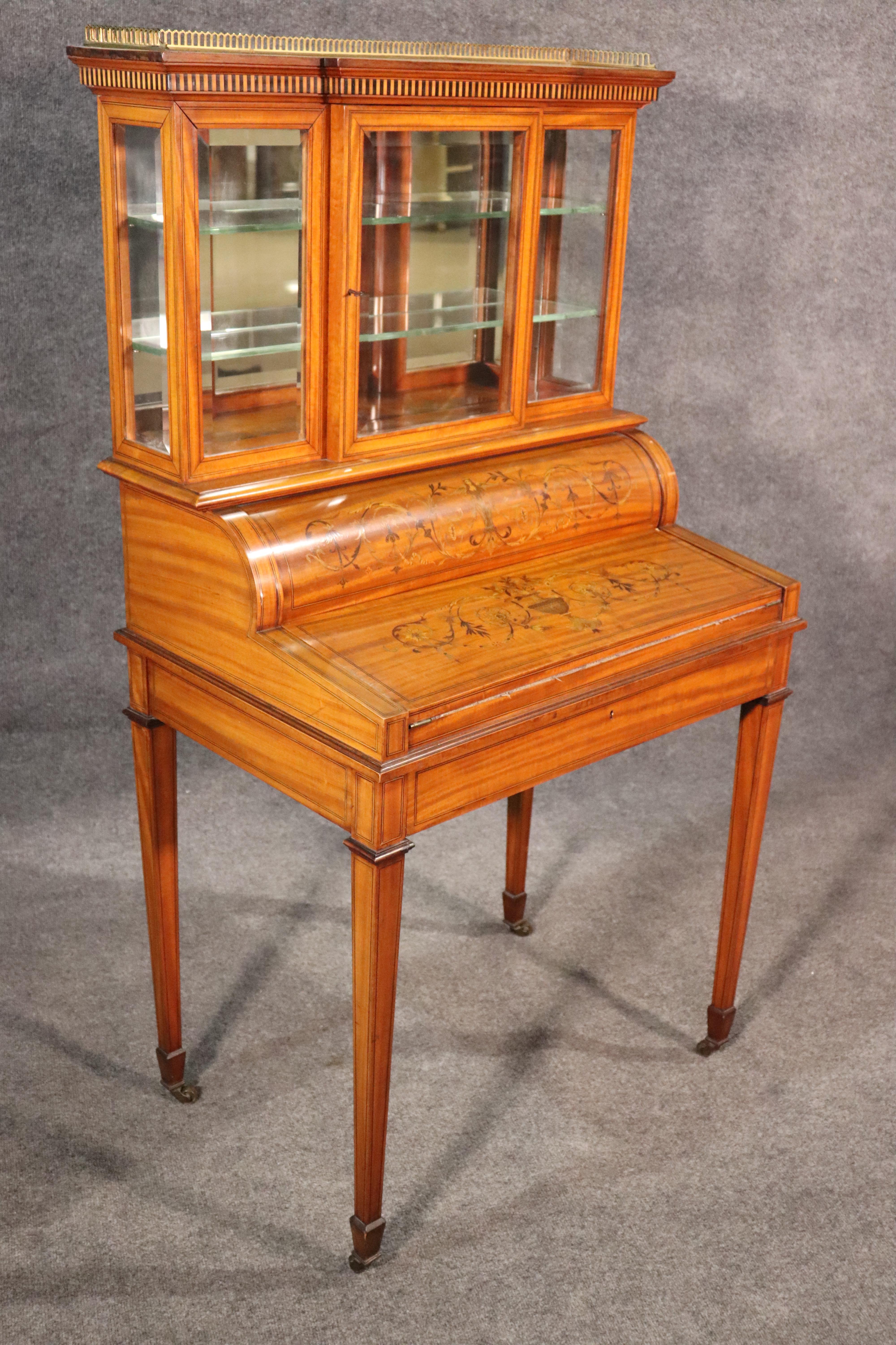 English Satinwood Adams Inlaid Secretary Desk Vitrine Top with Inkwells For Sale 13