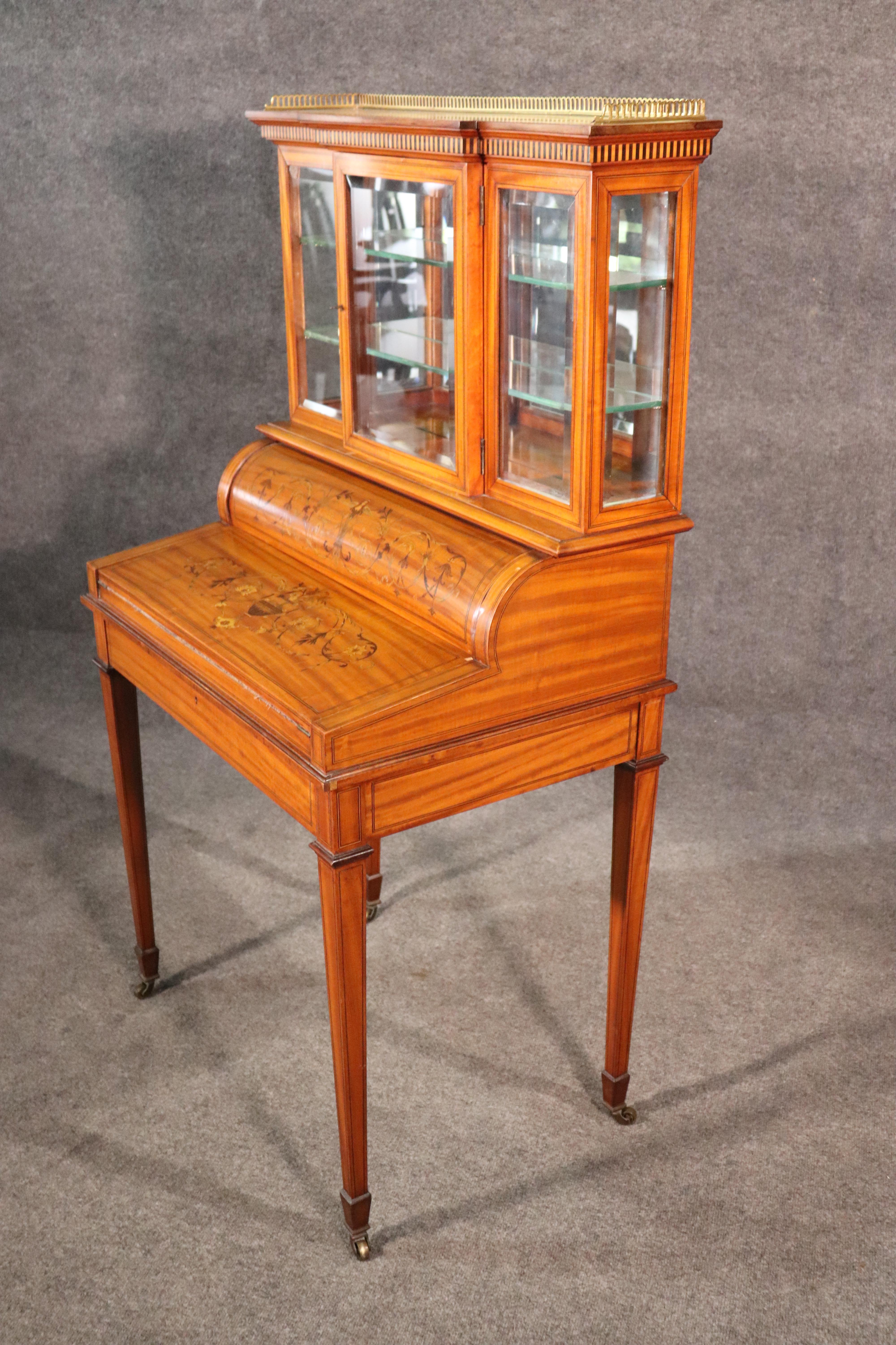 English Satinwood Adams Inlaid Secretary Desk Vitrine Top with Inkwells For Sale 14