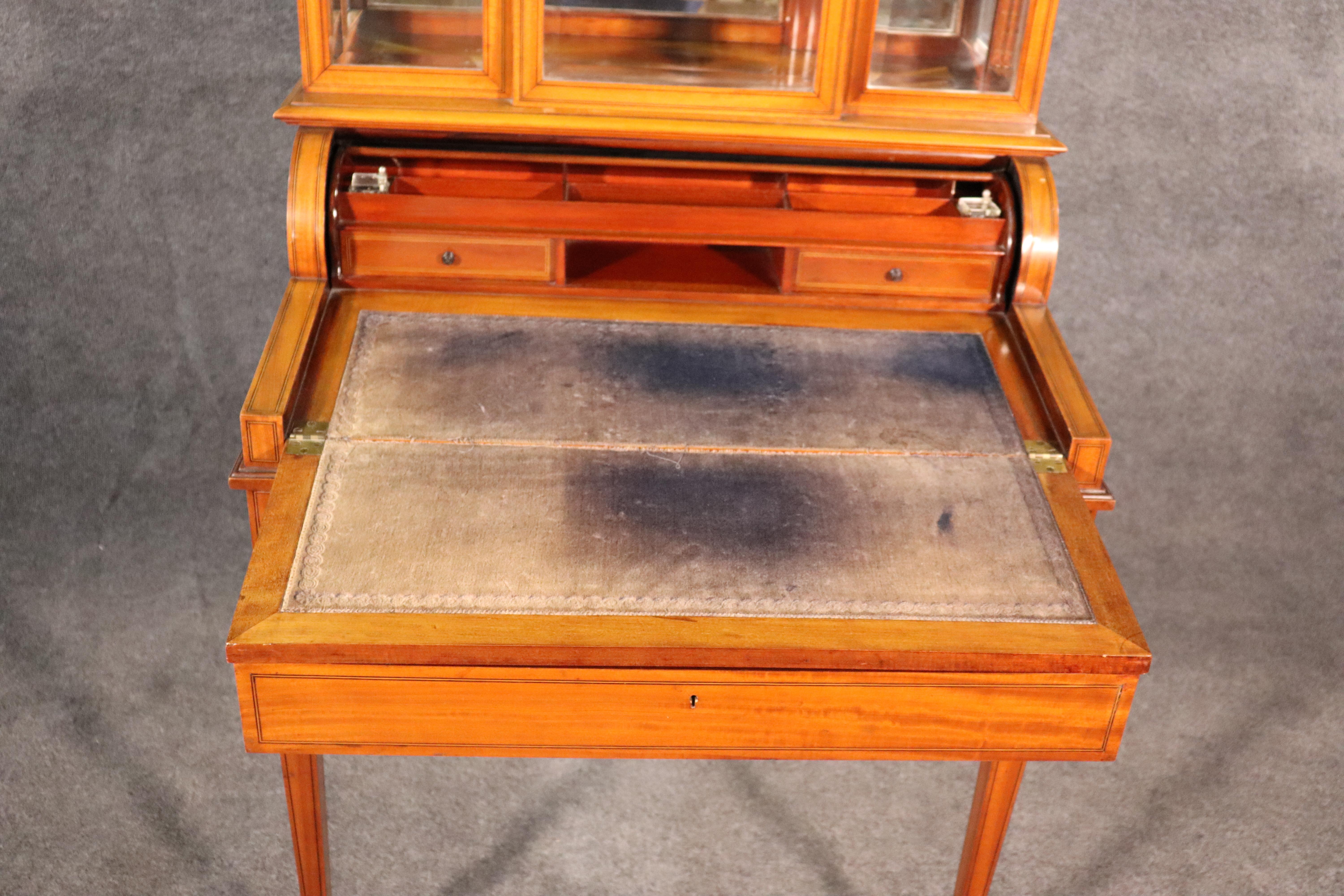 Adam Style English Satinwood Adams Inlaid Secretary Desk Vitrine Top with Inkwells For Sale