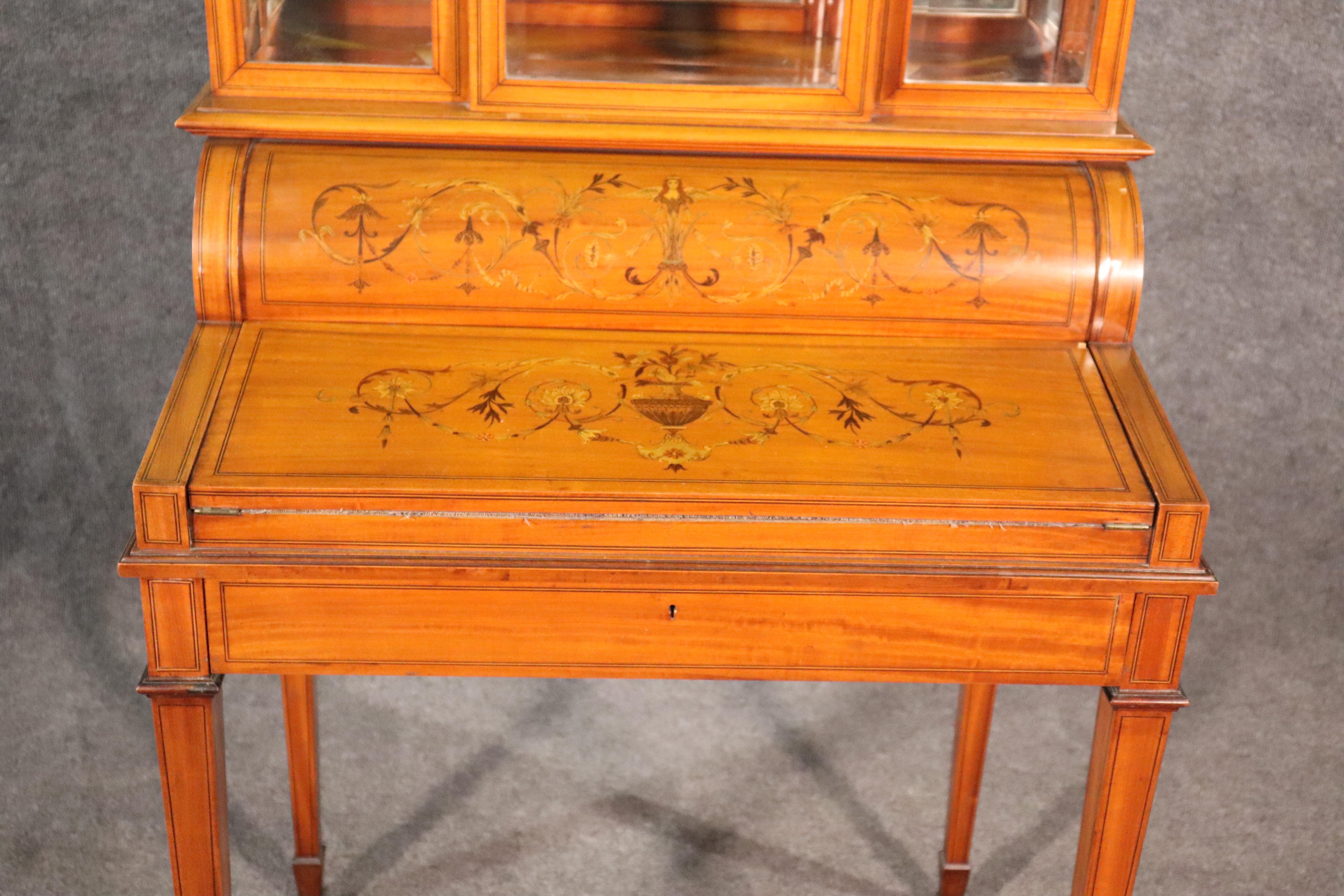 English Satinwood Adams Inlaid Secretary Desk Vitrine Top with Inkwells In Good Condition For Sale In Swedesboro, NJ