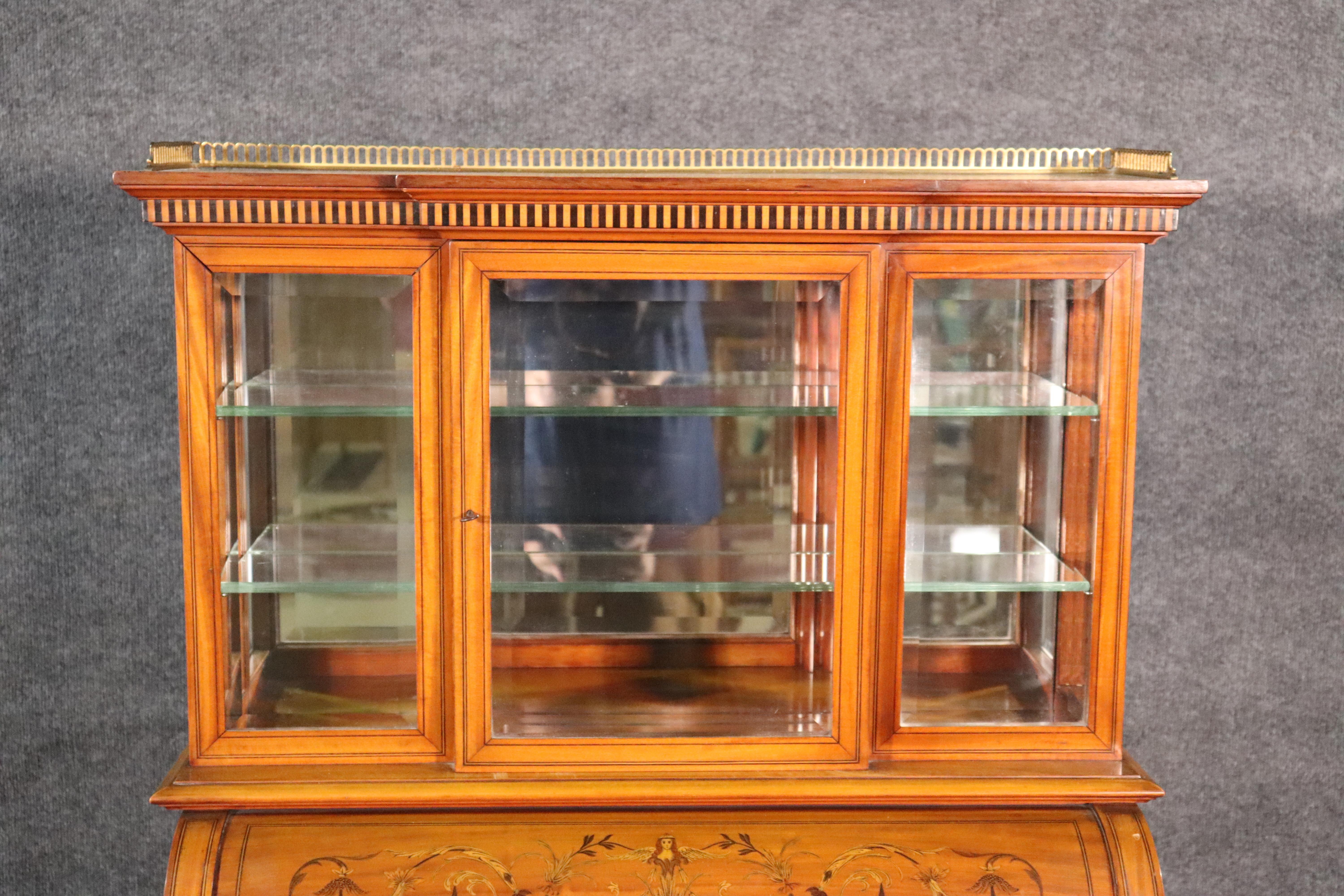 Late 19th Century English Satinwood Adams Inlaid Secretary Desk Vitrine Top with Inkwells For Sale