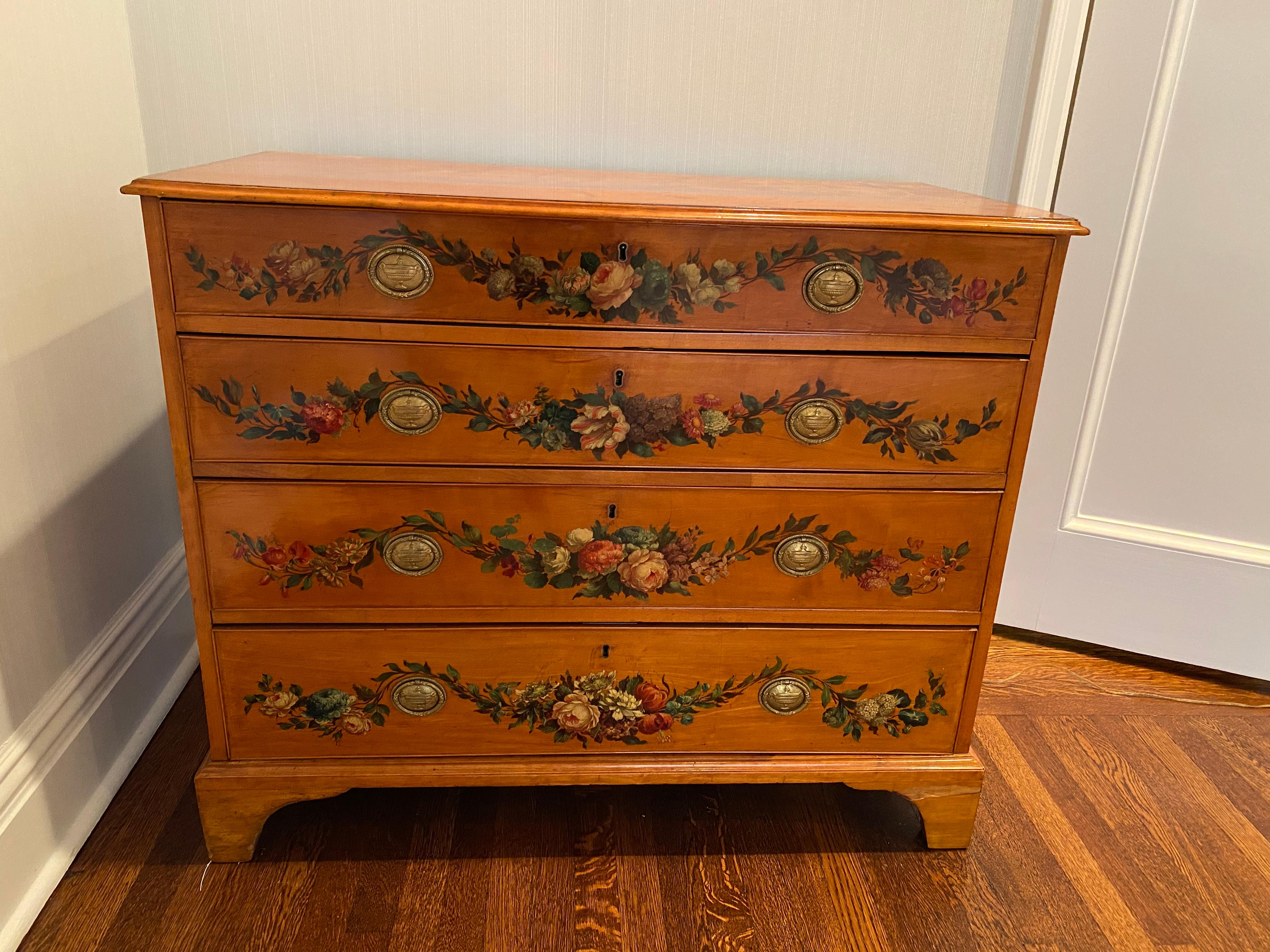 20th Century English Satinwood Chest of Drawers with Painted Floral Drawers, circa 1910