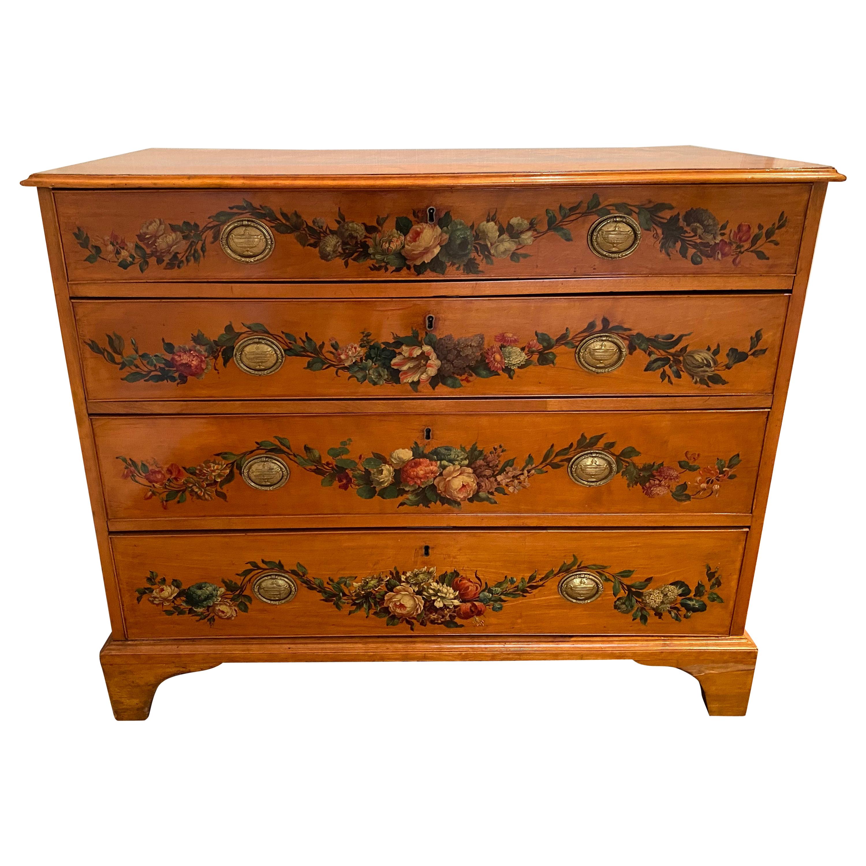 English Satinwood Chest of Drawers with Painted Floral Drawers, circa 1910